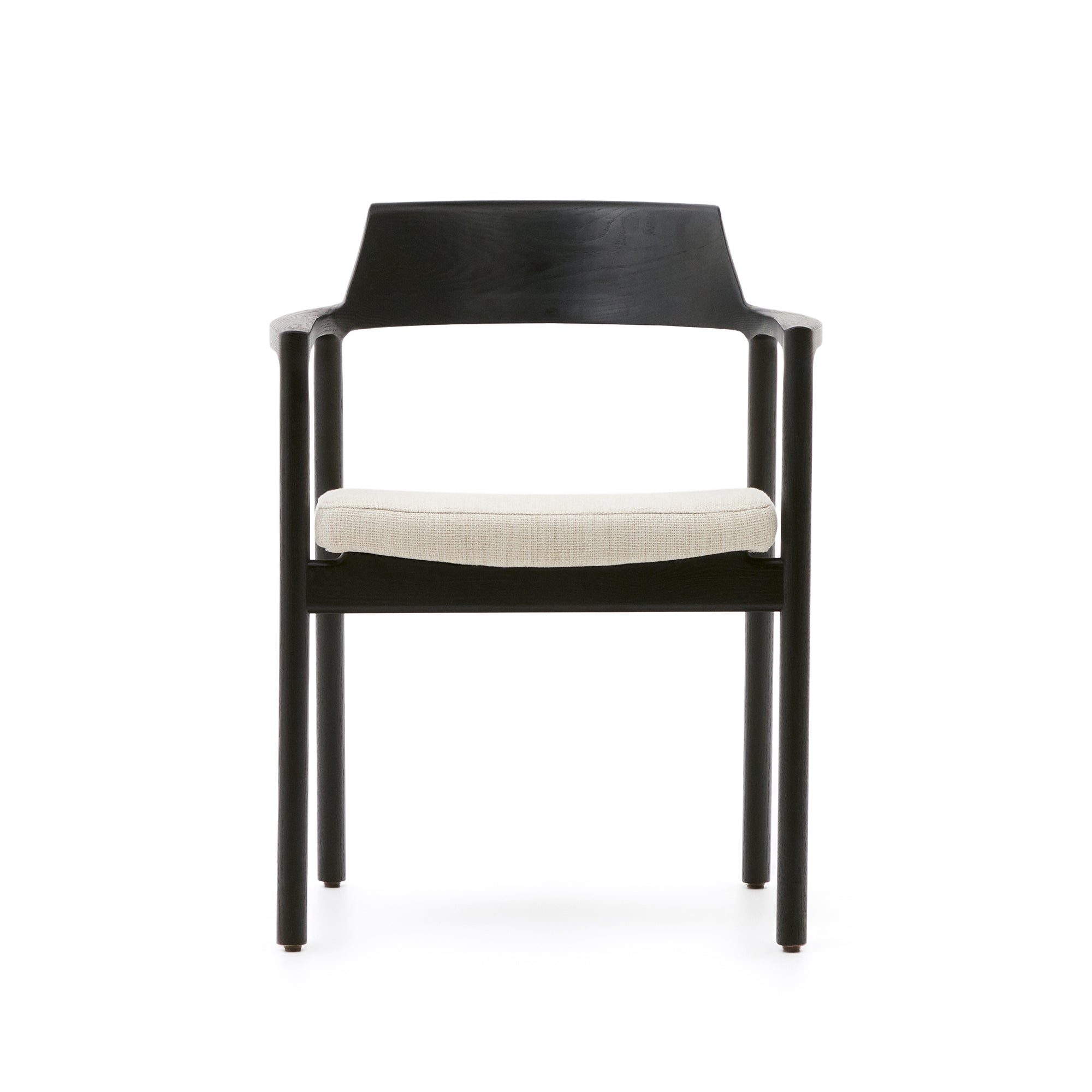Low chair with removable cover in beige chenille, solid oak with black finish FSC Mix Credit