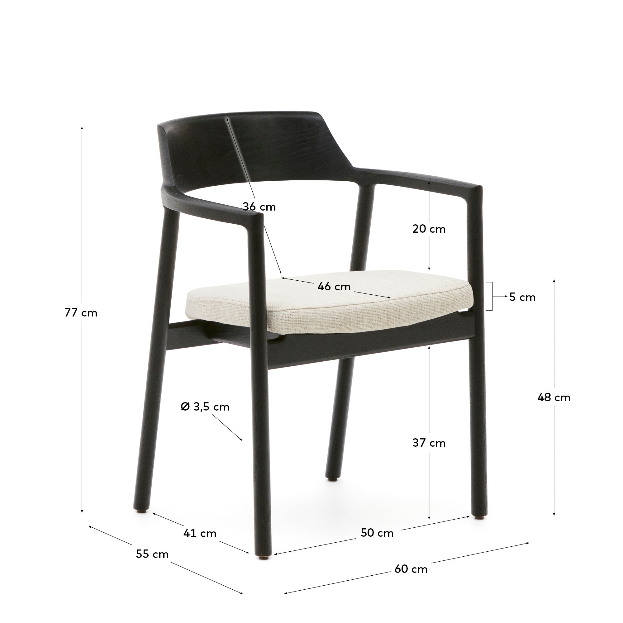 Alocs chair removable cover in beige chenille solid oak wood black finish FSC Mix Credit - Measurements