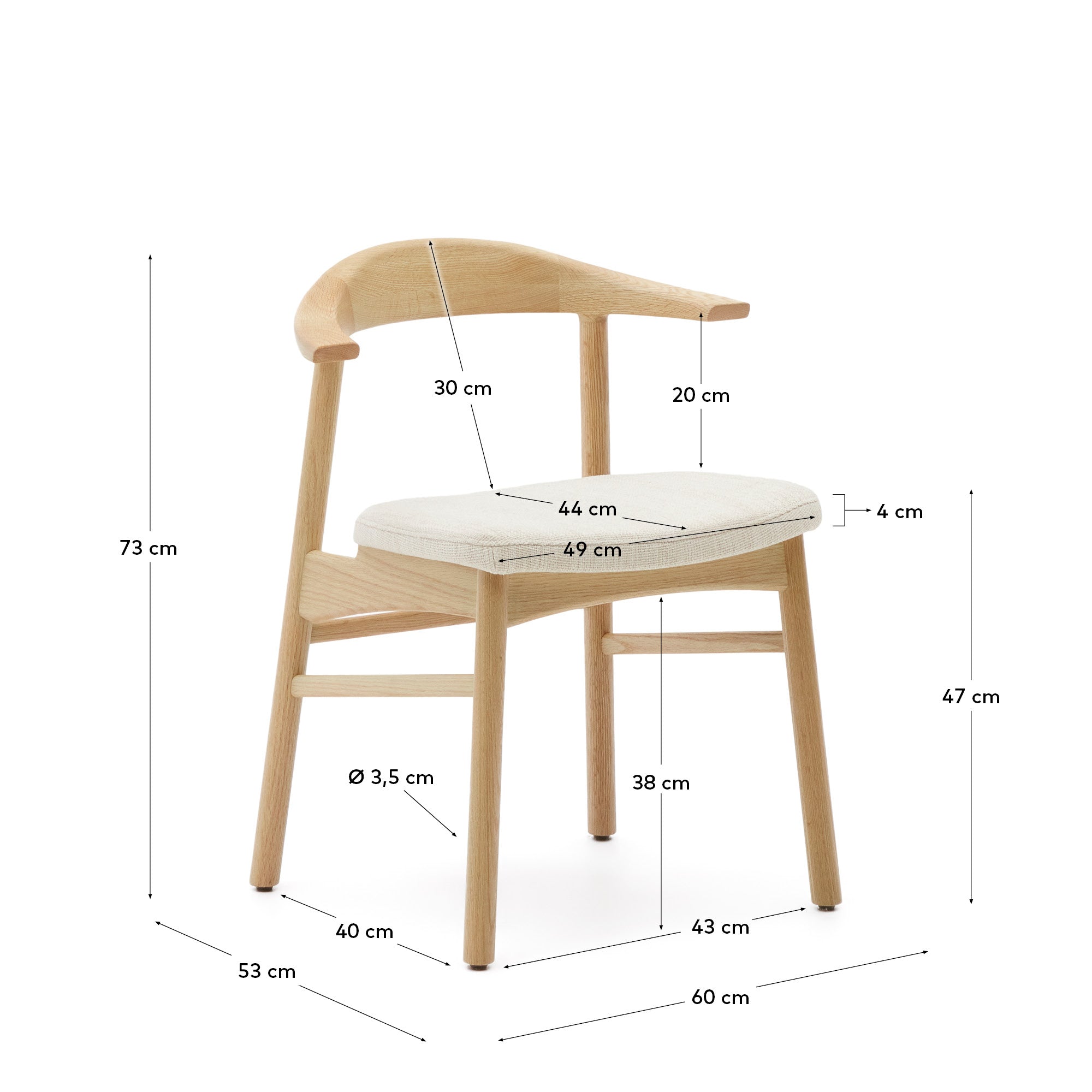 Timons chair removable cover in beige chenille solid oak wood natural finish FSC Mix Credit - Measurements