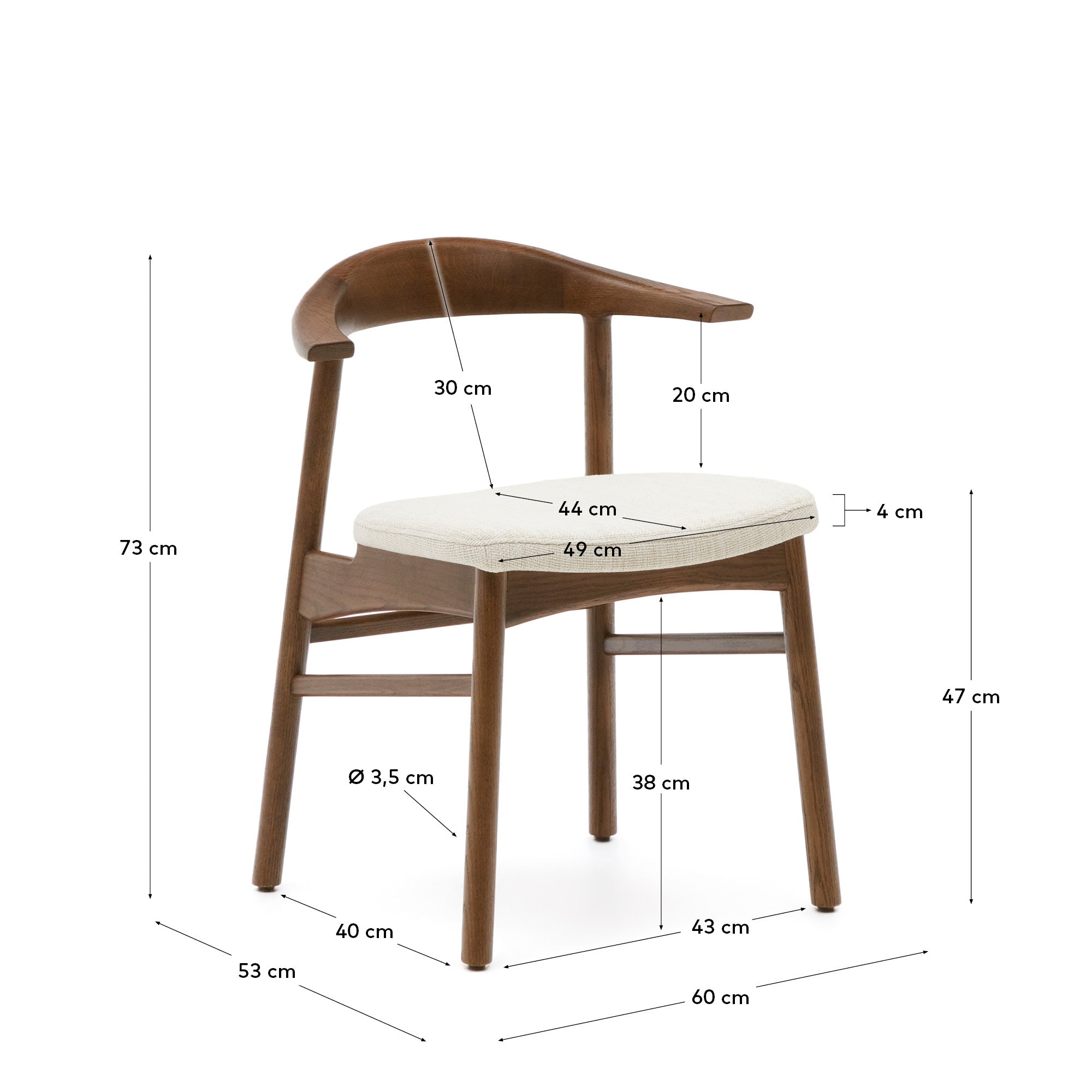 Timons chair removable cover in beige chenille solid oak wood walnut finish FSC Mix Credit - Measurements