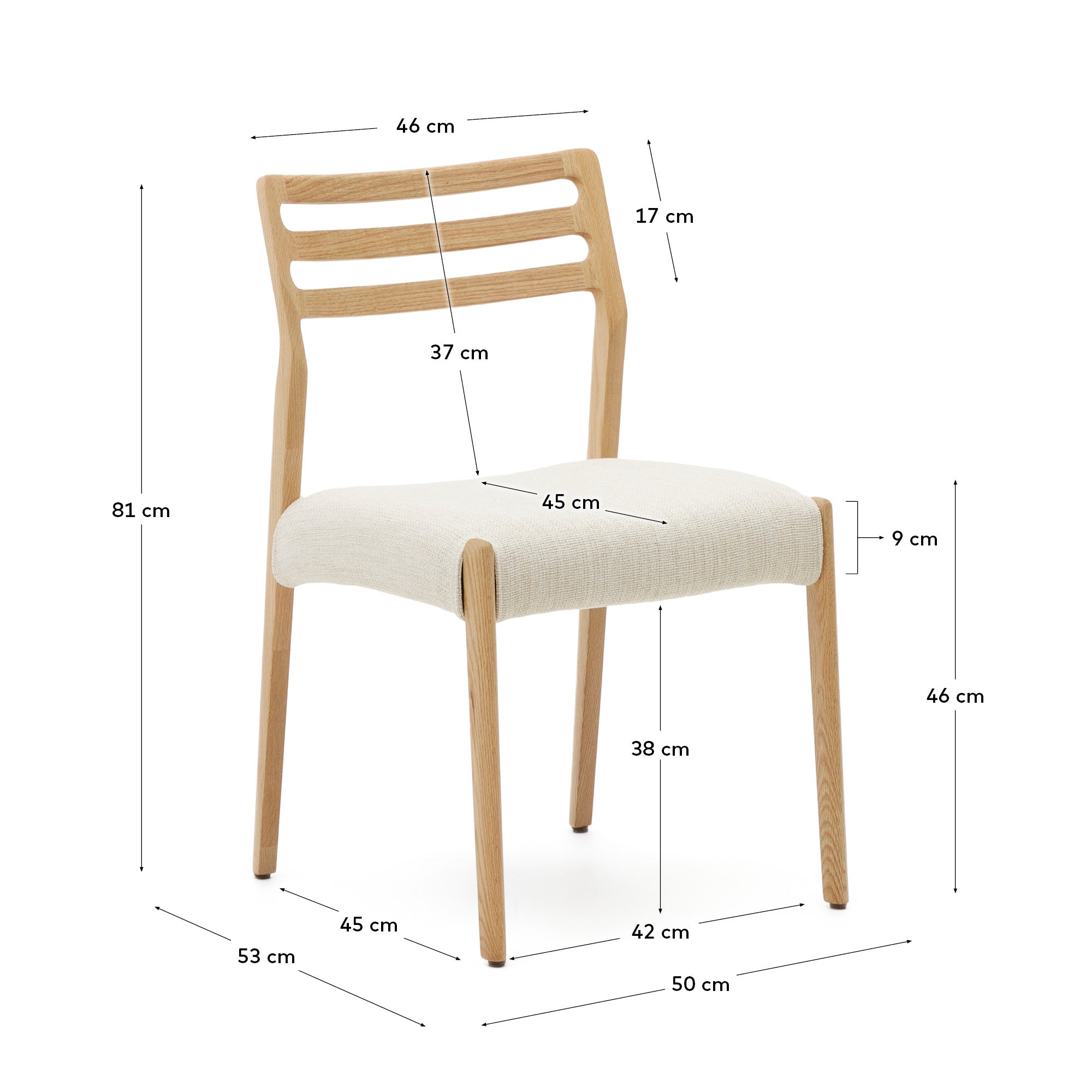 Cudia chair removable cover in beige chenille solid oak wood natural finish FSC Mix Credit - Measurements