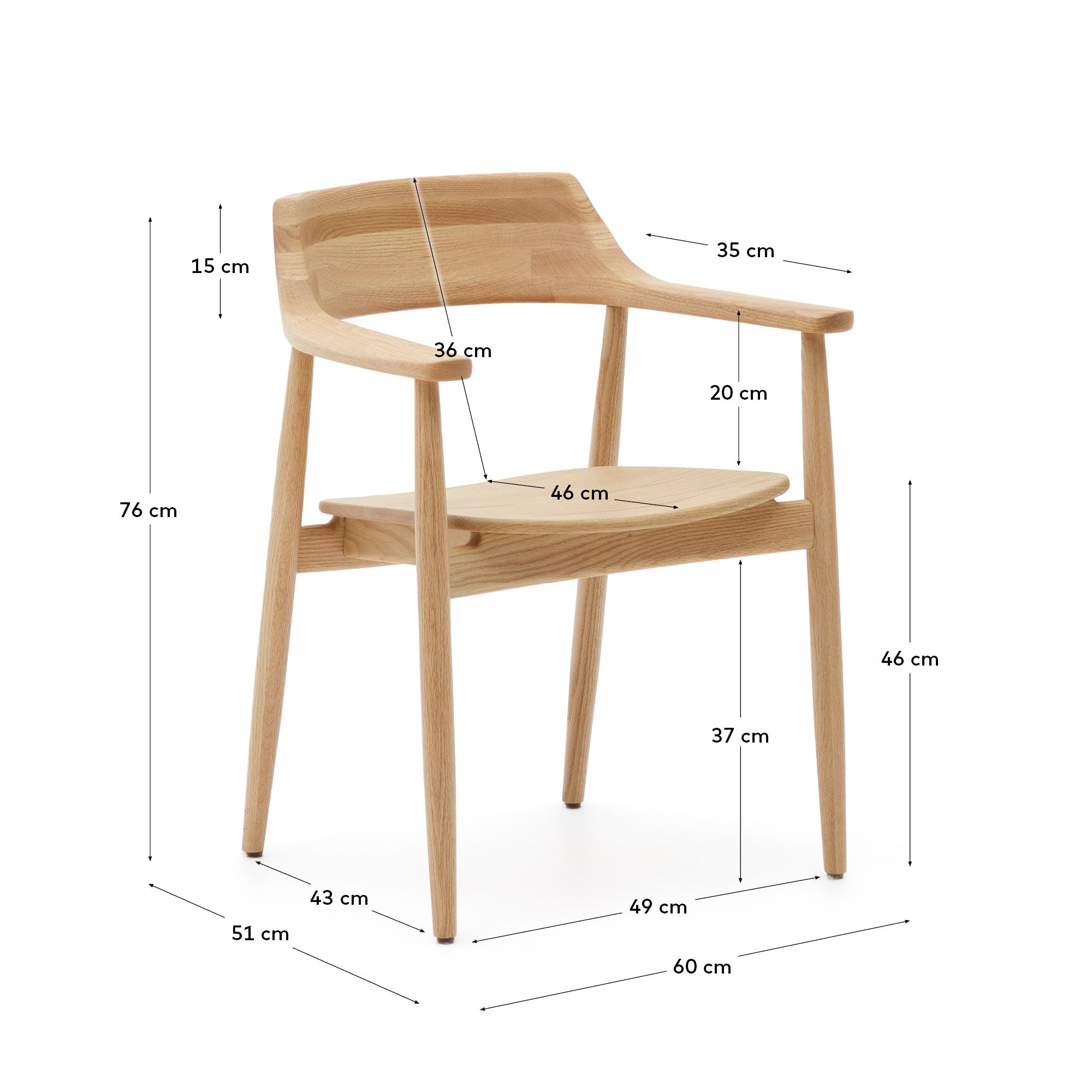 Fondes chair in solid oak wood with natural finish FSC Mix Credit - Measurements