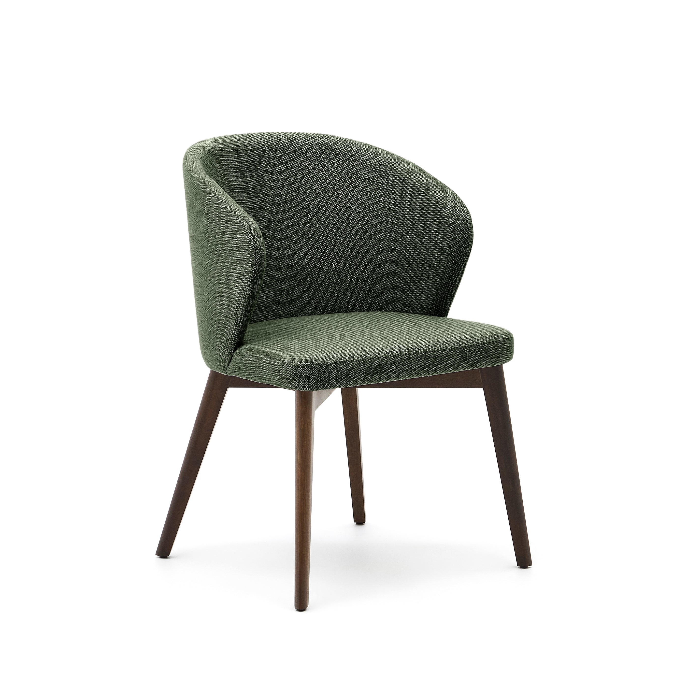 Darice chair with green upholstery and 100% FSC certified solid beech wood with a walnut finish