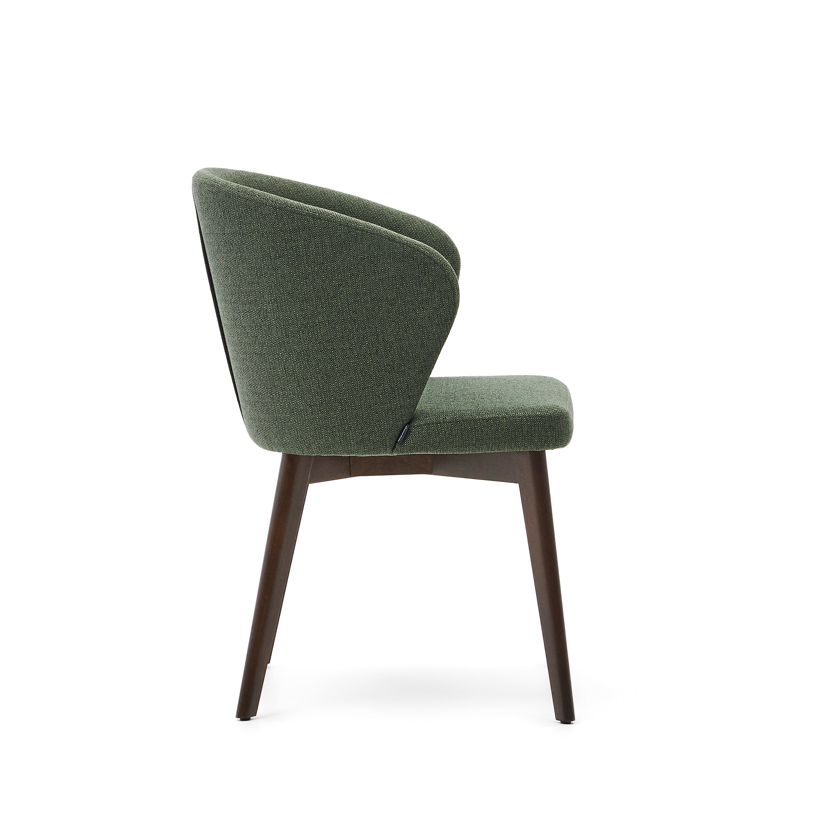 Darice chair with green upholstery and 100% FSC certified solid beech wood with a walnut finish