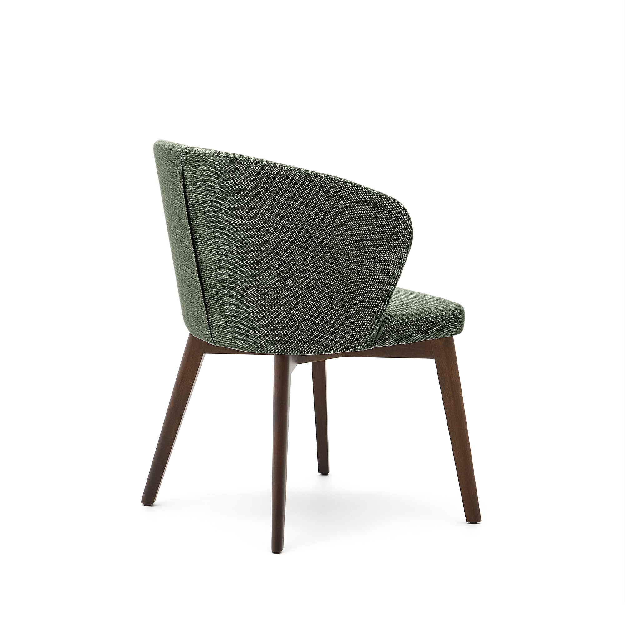 Darice chair with green upholstery and 100% FSC certified solid beech wood with a walnut finish