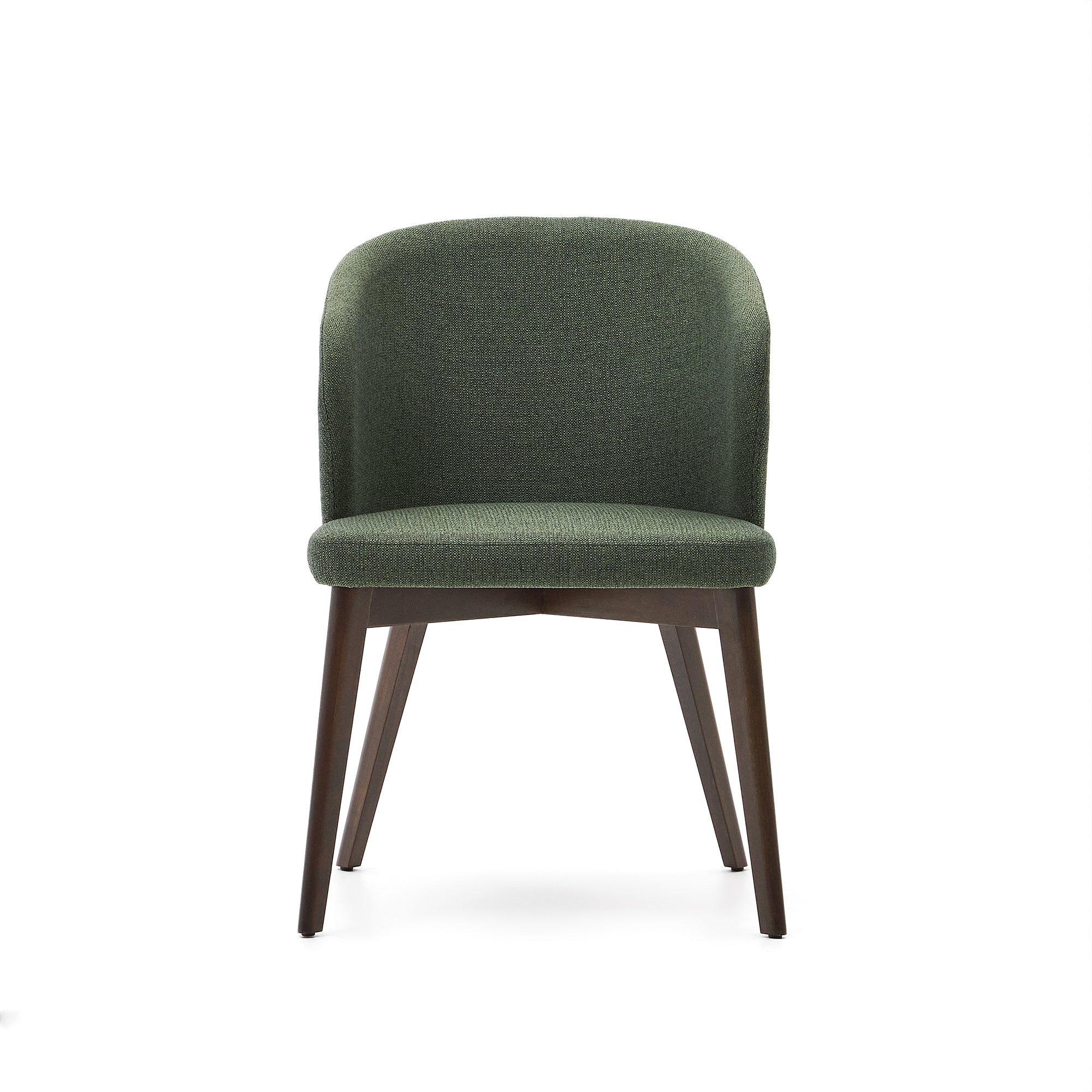 Darice chair with green upholstery and 100% FSC certified solid beech wood with a walnut finish