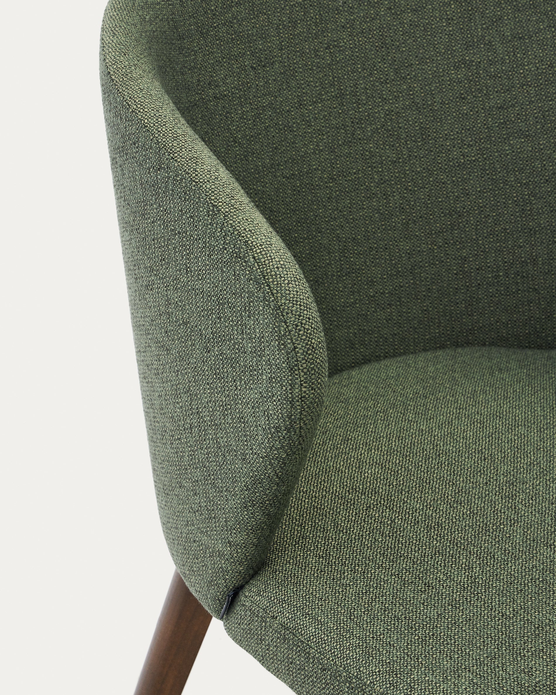 Darice chair with green upholstery and 100% FSC certified solid beech wood with a walnut finish