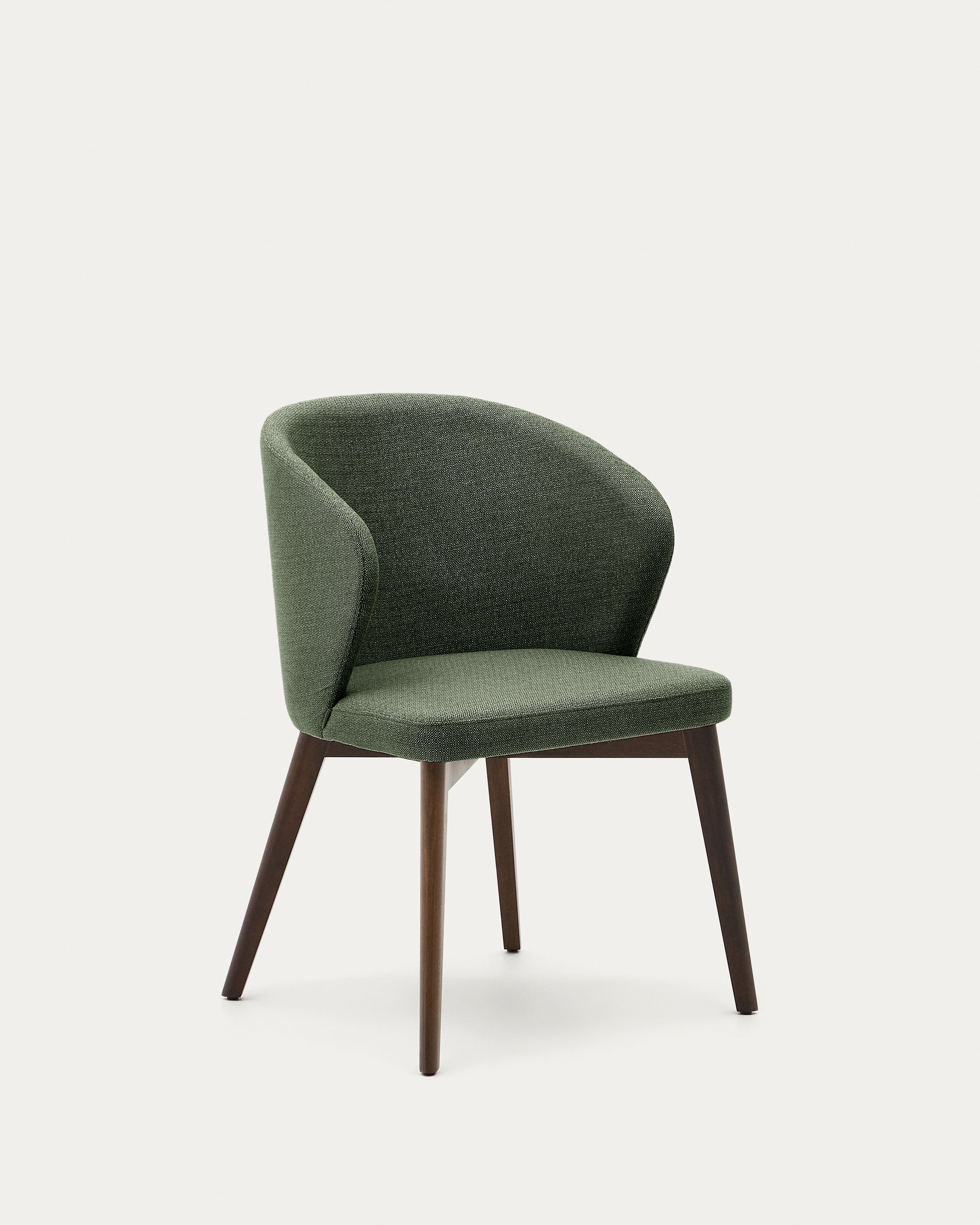 Darice chair with green upholstery and 100% FSC certified solid beech wood with a walnut finish