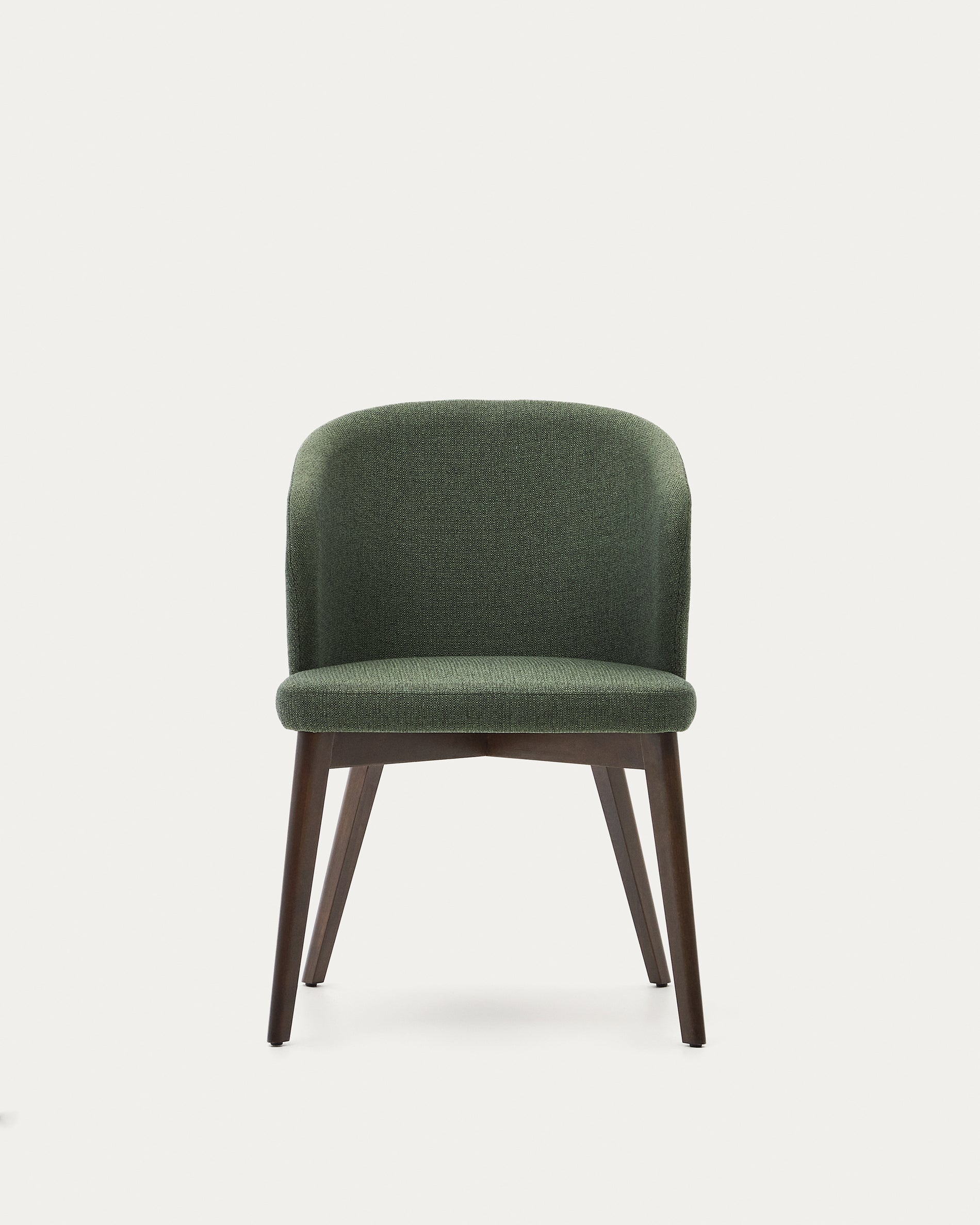 Darice chair with green upholstery and 100% FSC certified solid beech wood with a walnut finish