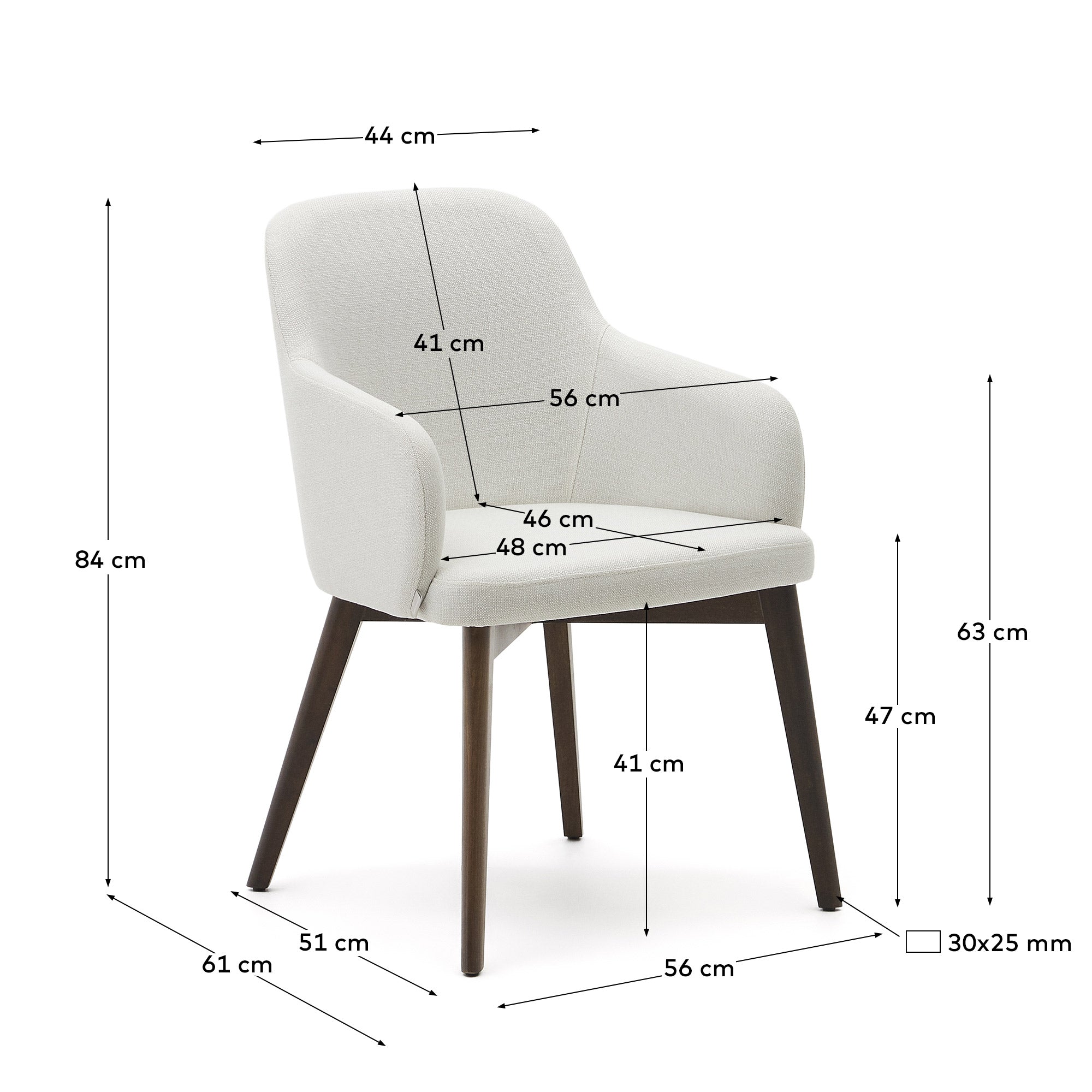Nelida chair in beige chenille and solid beech wood in a walnut finish FSC 100% - Measurements