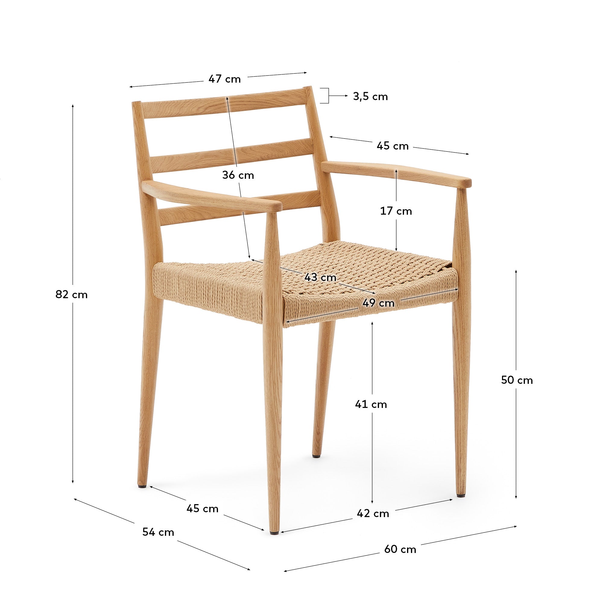 Analy chair with armrests in solid oak wood in a natural finish and rope cord seat FSC 100% - Measurements
