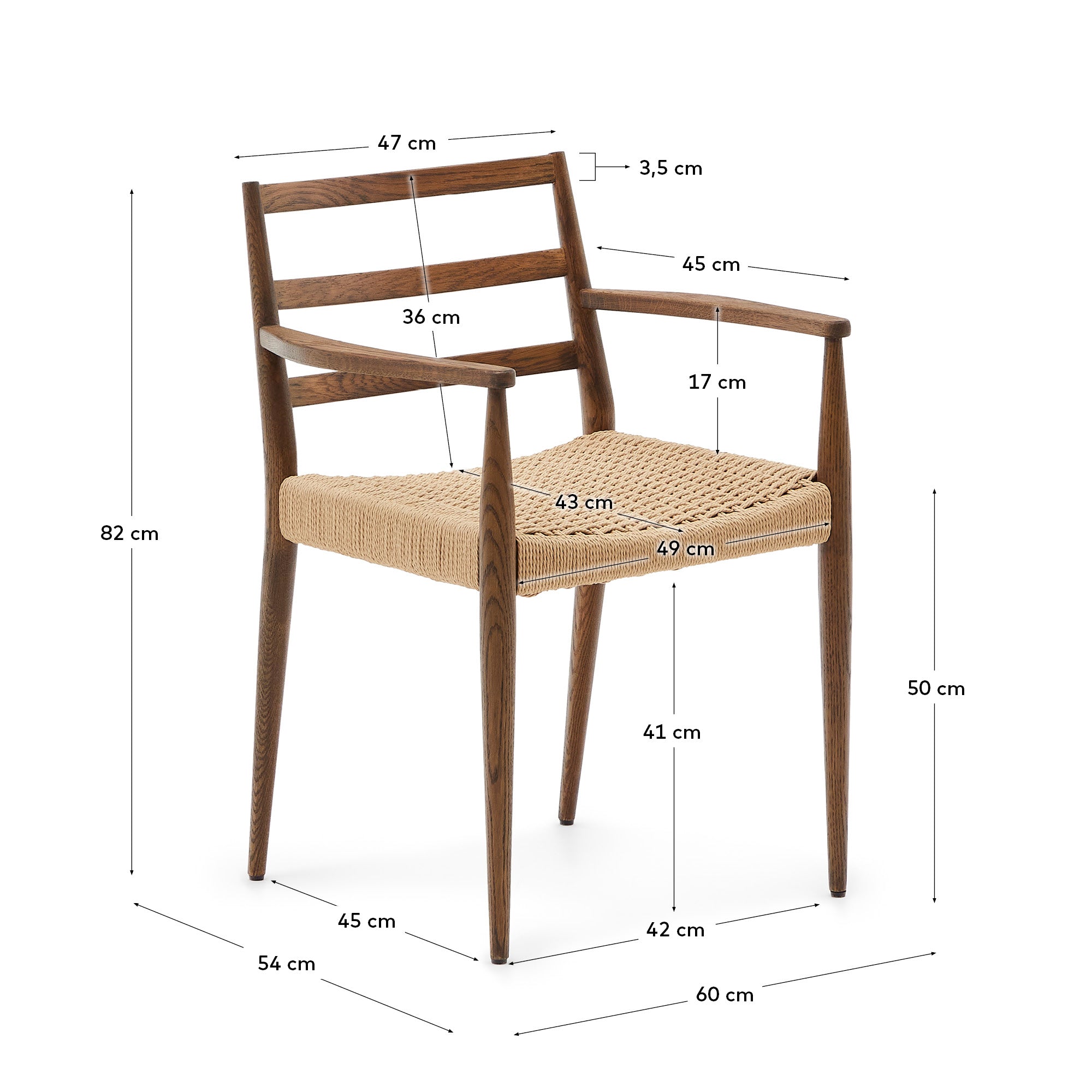 Analy chair with armrests in solid oak wood in a walnut finish and rope cord seat FSC 100% - Measurements