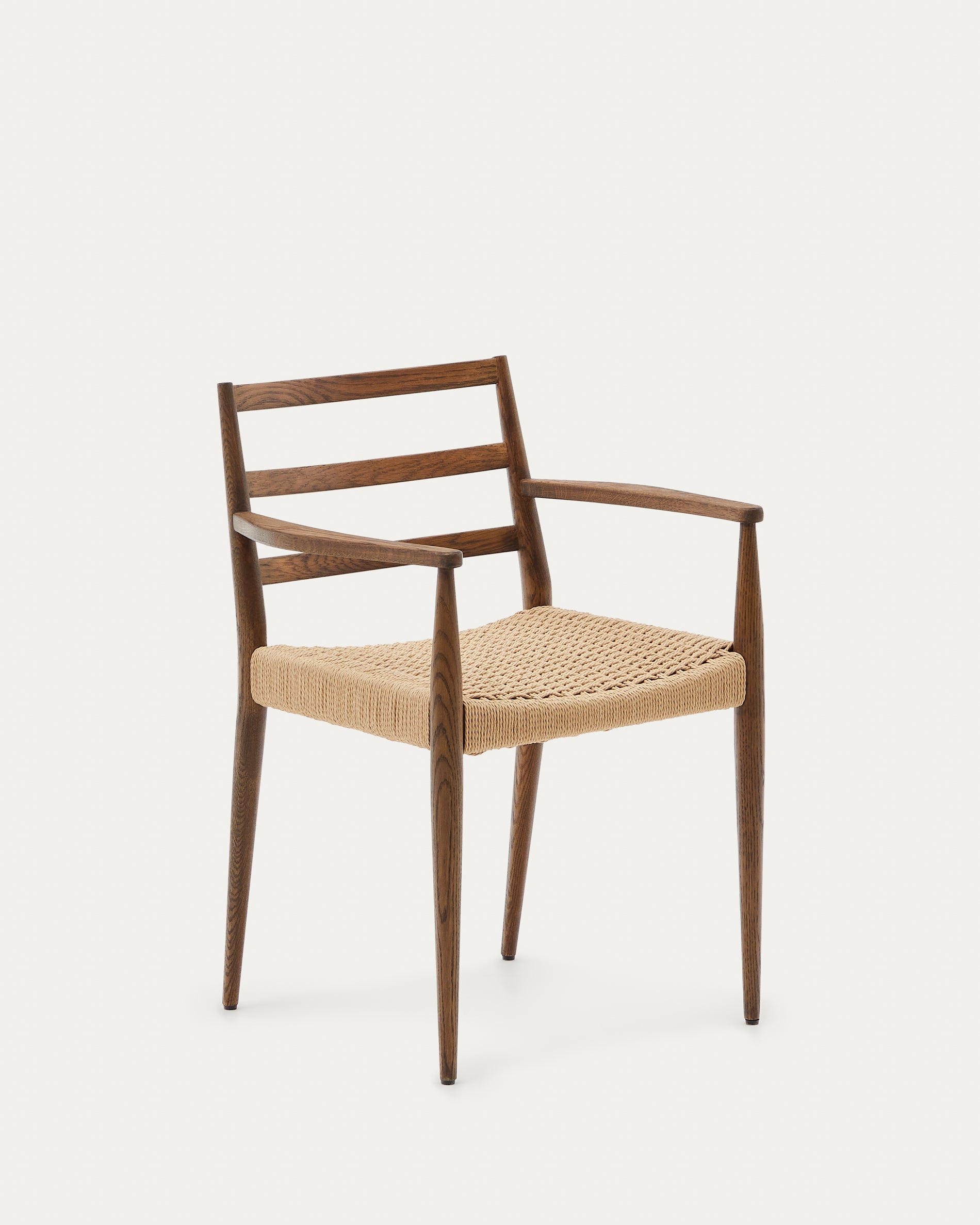 Analy chair with armrests in solid oak wood in a walnut finish and rope cord seat FSC 100% - Product View