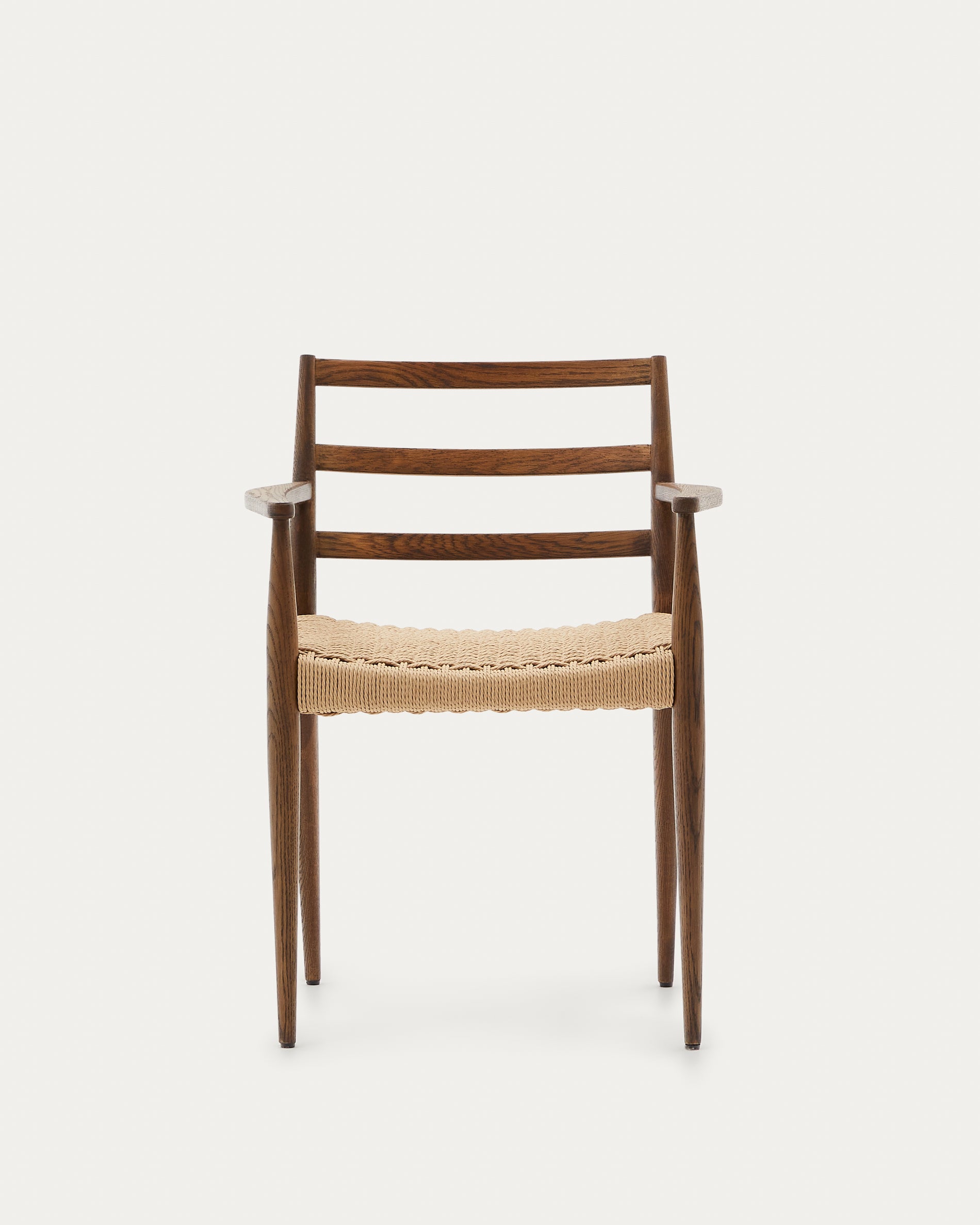 Analy chair with armrests, solid oak with walnut finish and 100% FSC rope seat