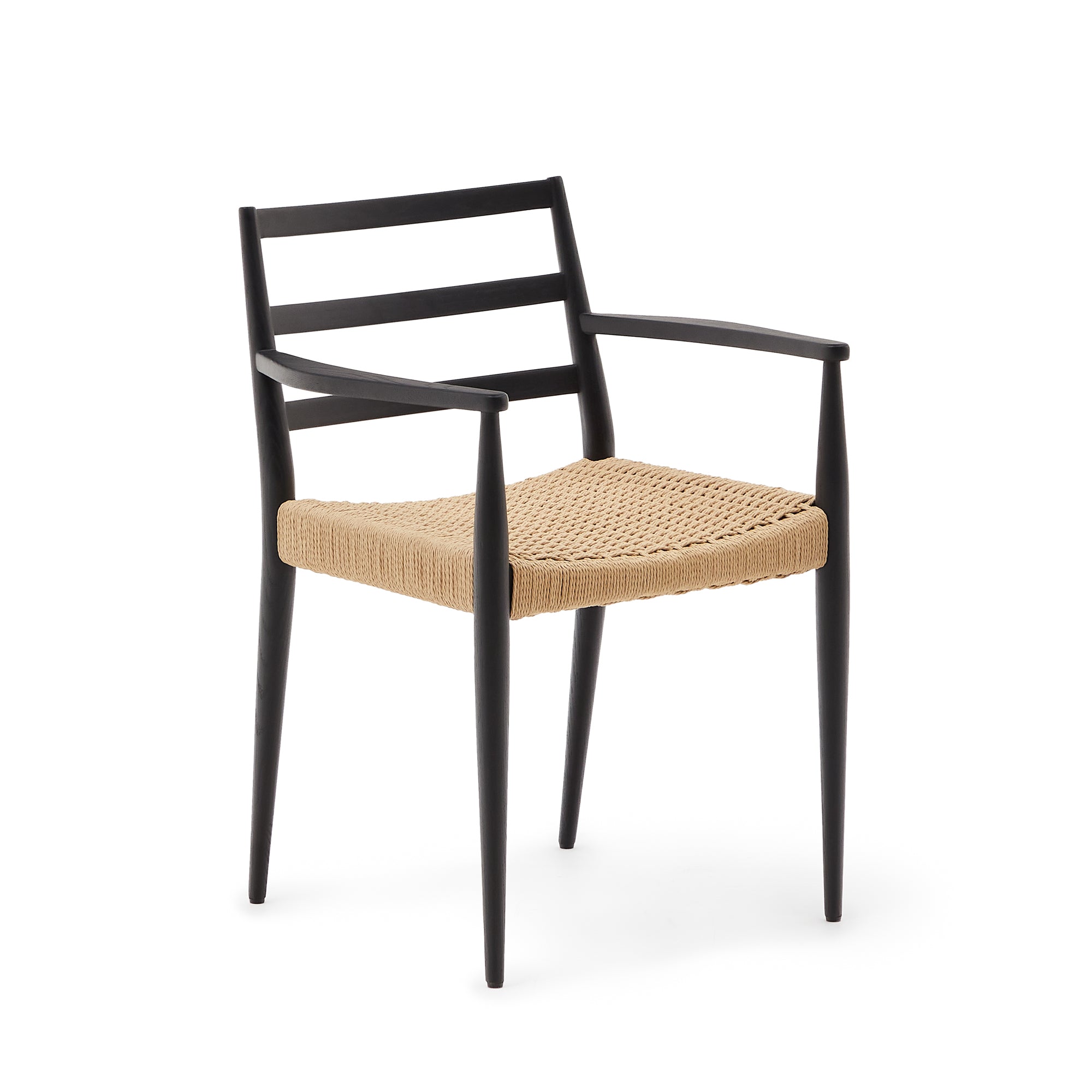 Analy chair with armrests, solid oak, 100% FSC black finish and rope seat