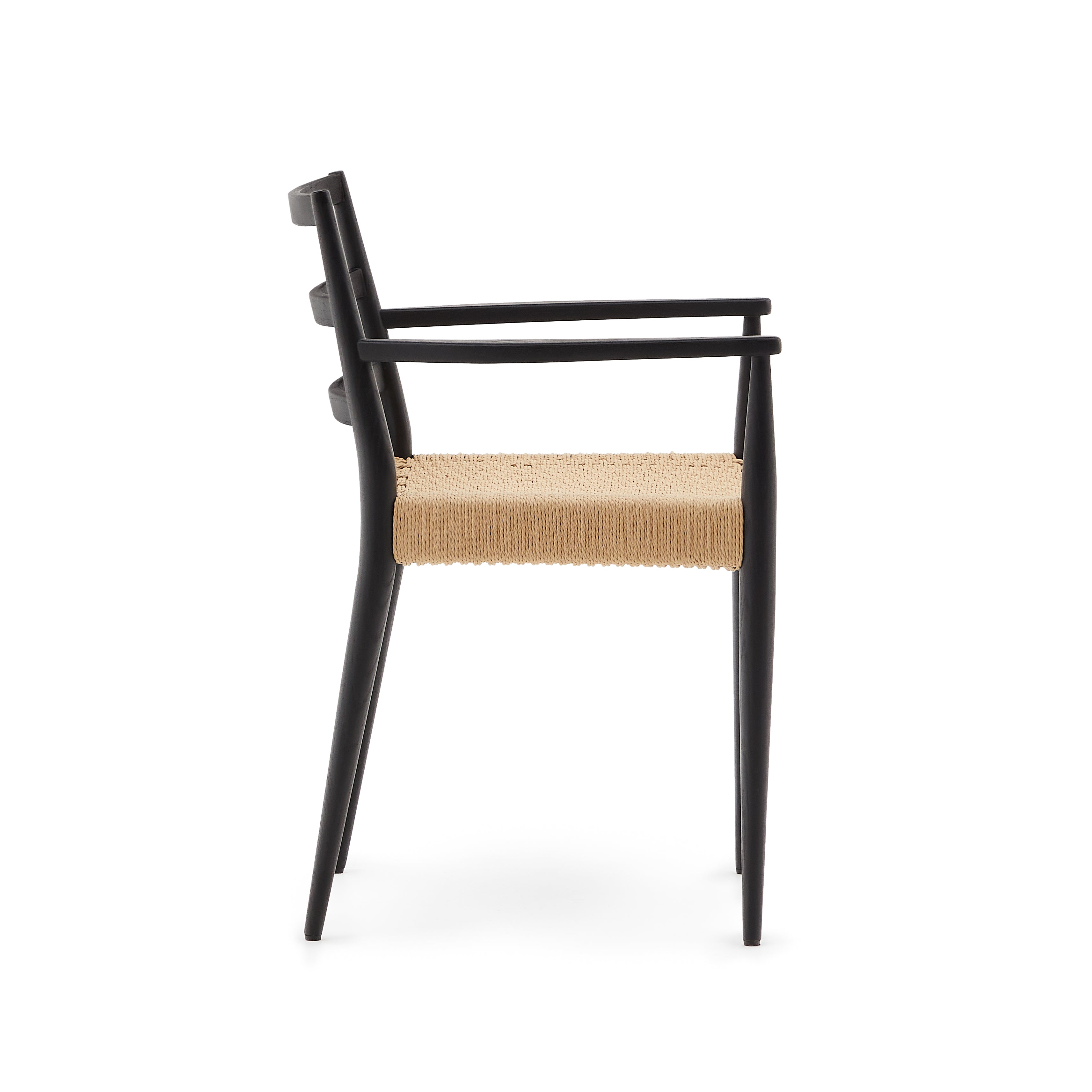 Analy chair with armrests in solid oak wood in a black finish and rope cord seat FSC 100% - Product Image