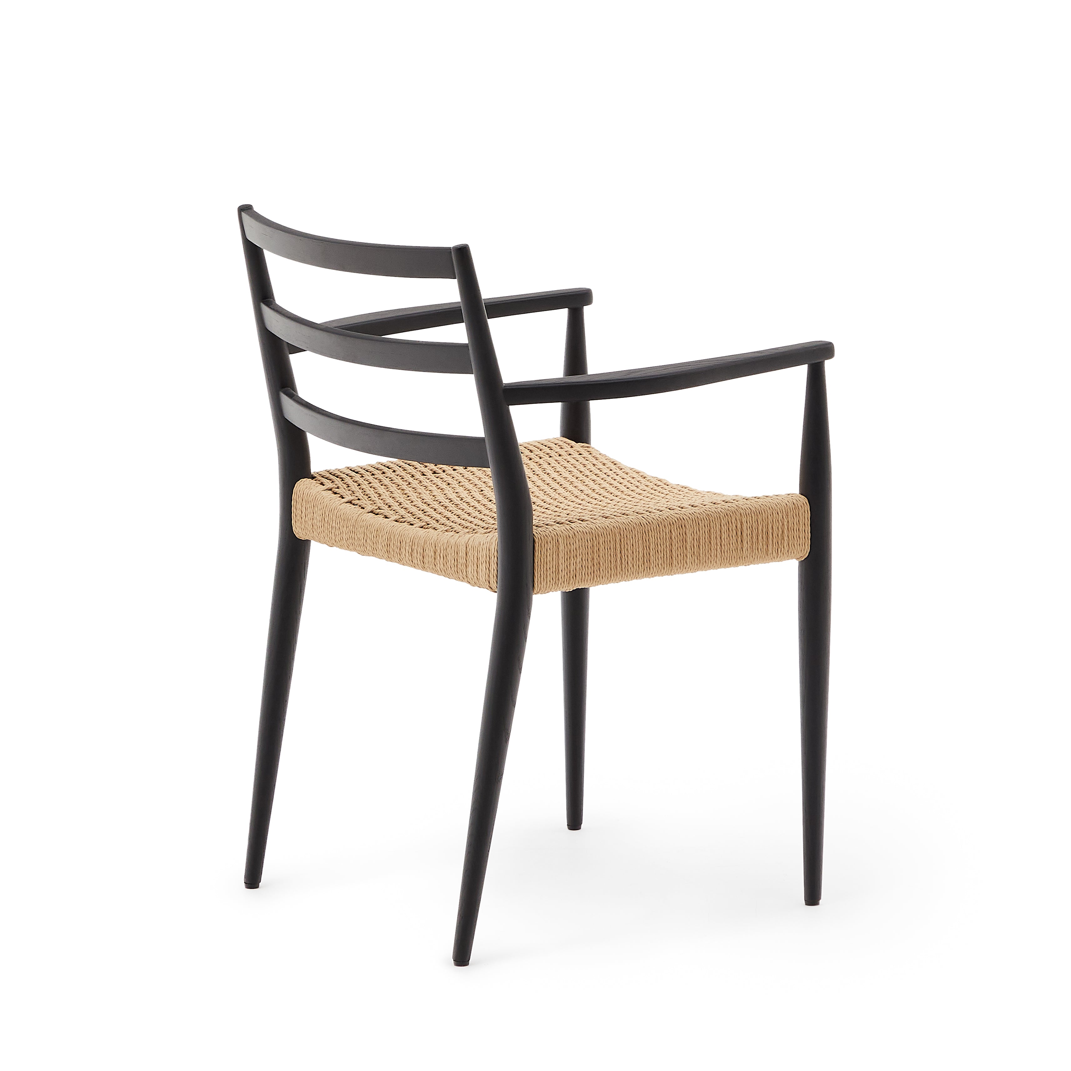 Analy chair with armrests, solid oak, 100% FSC black finish and rope seat