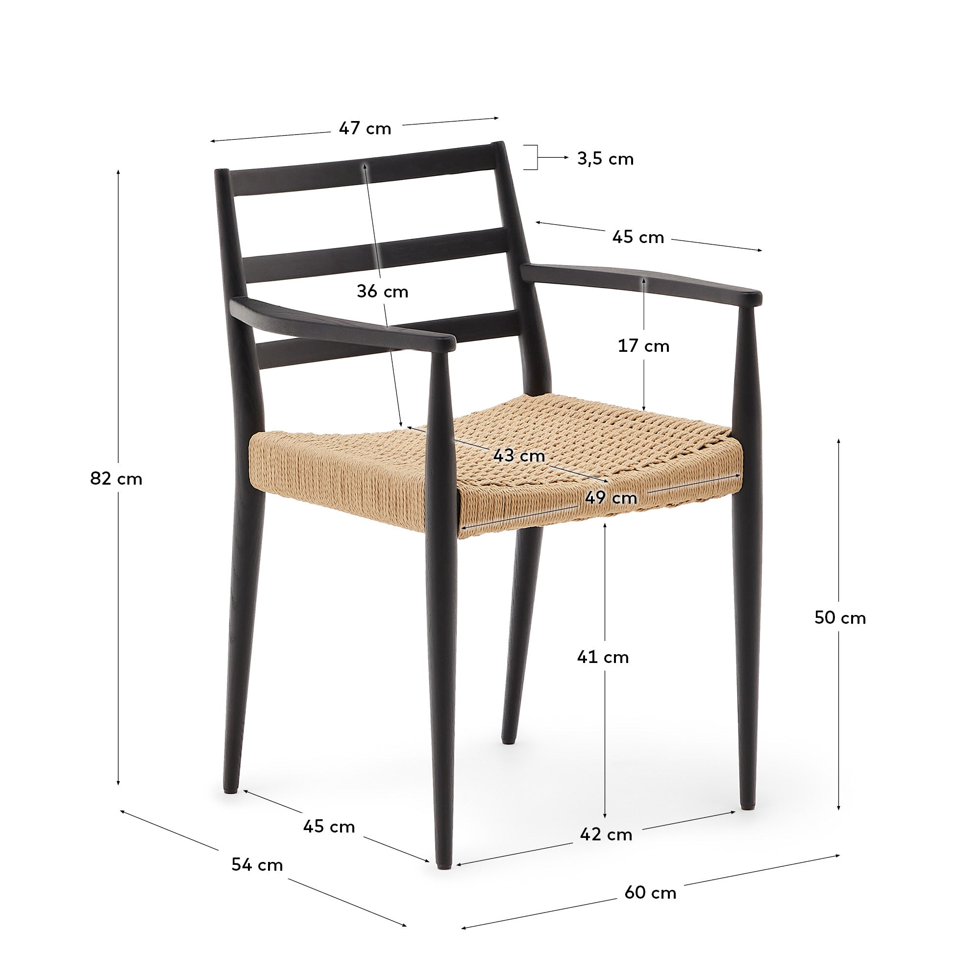 Analy chair with armrests in solid oak wood in a black finish and rope cord seat FSC 100% - Measurements