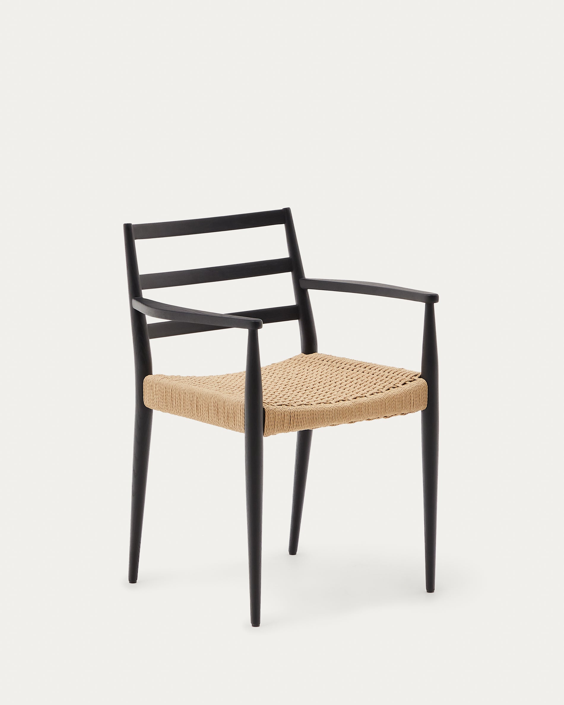 Analy chair with armrests in solid oak wood in a black finish and rope cord seat FSC 100% - Product View