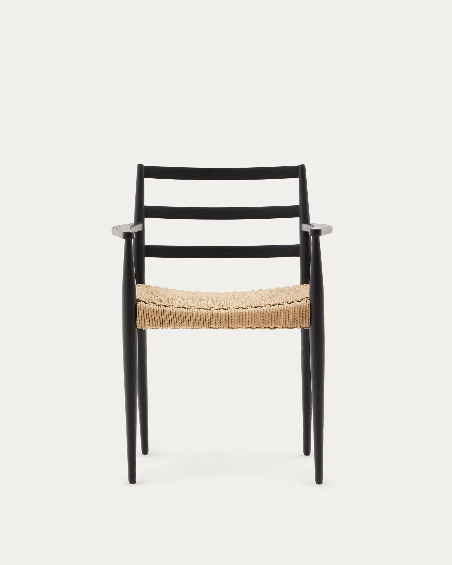 Analy chair with armrests in solid oak wood in a black finish and rope cord seat FSC 100% - Product View