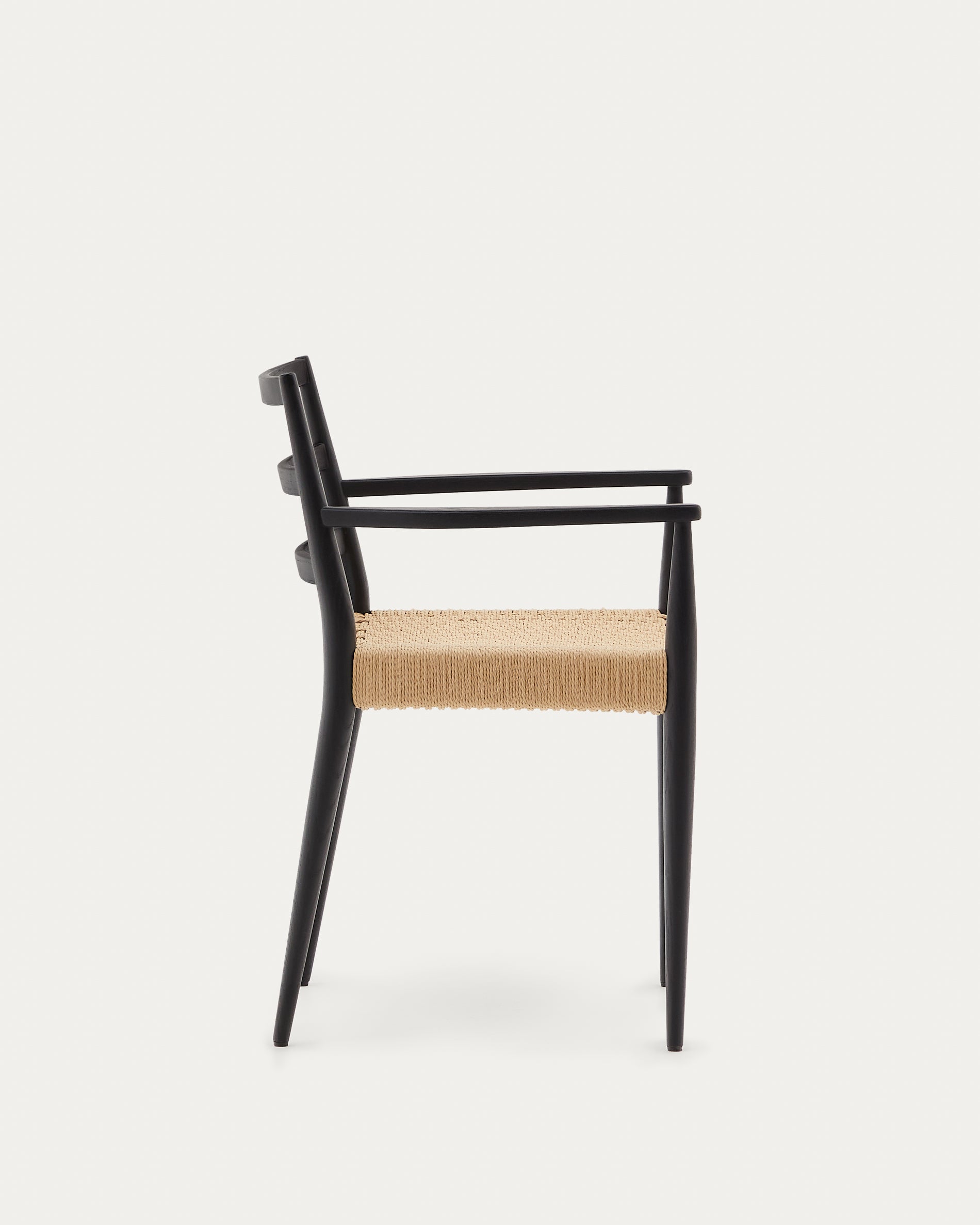 Analy chair with armrests in solid oak wood in a black finish and rope cord seat FSC 100% - Product View