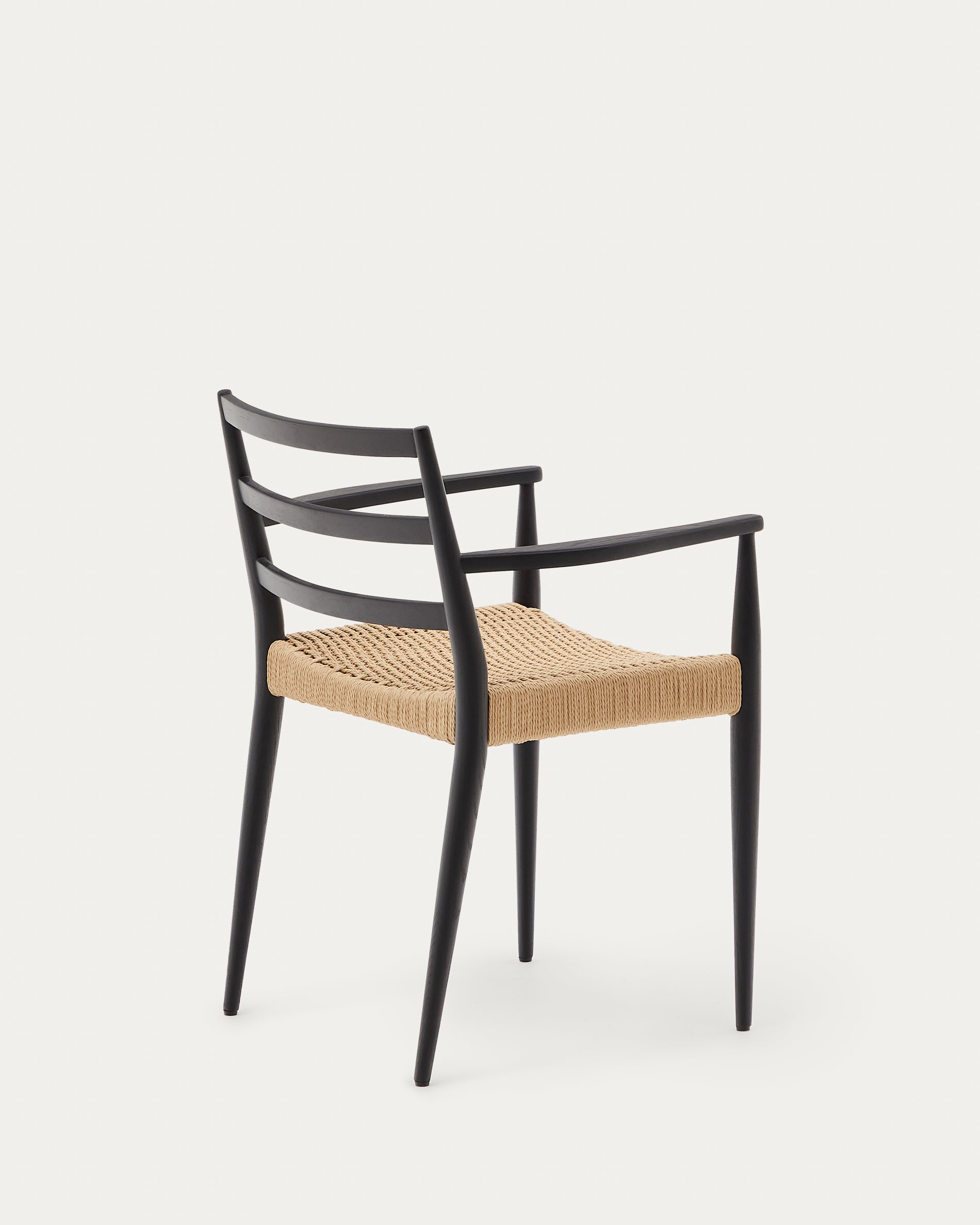 Analy chair with armrests in solid oak wood in a black finish and rope cord seat FSC 100% - Product View