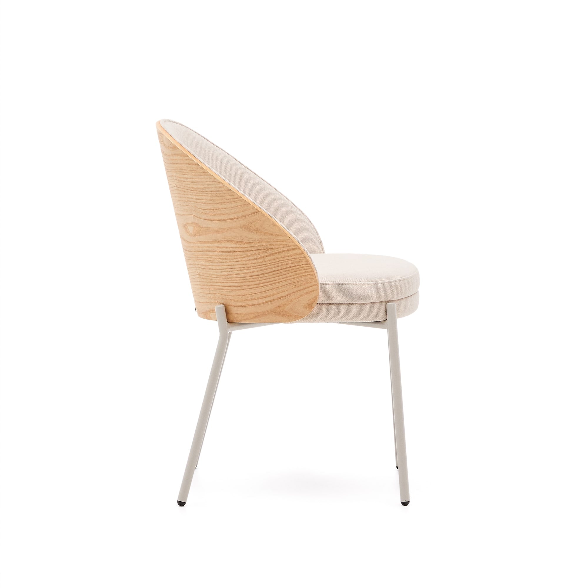 Eamy chair in beige chenille with natural finish ash veneer and beige metal