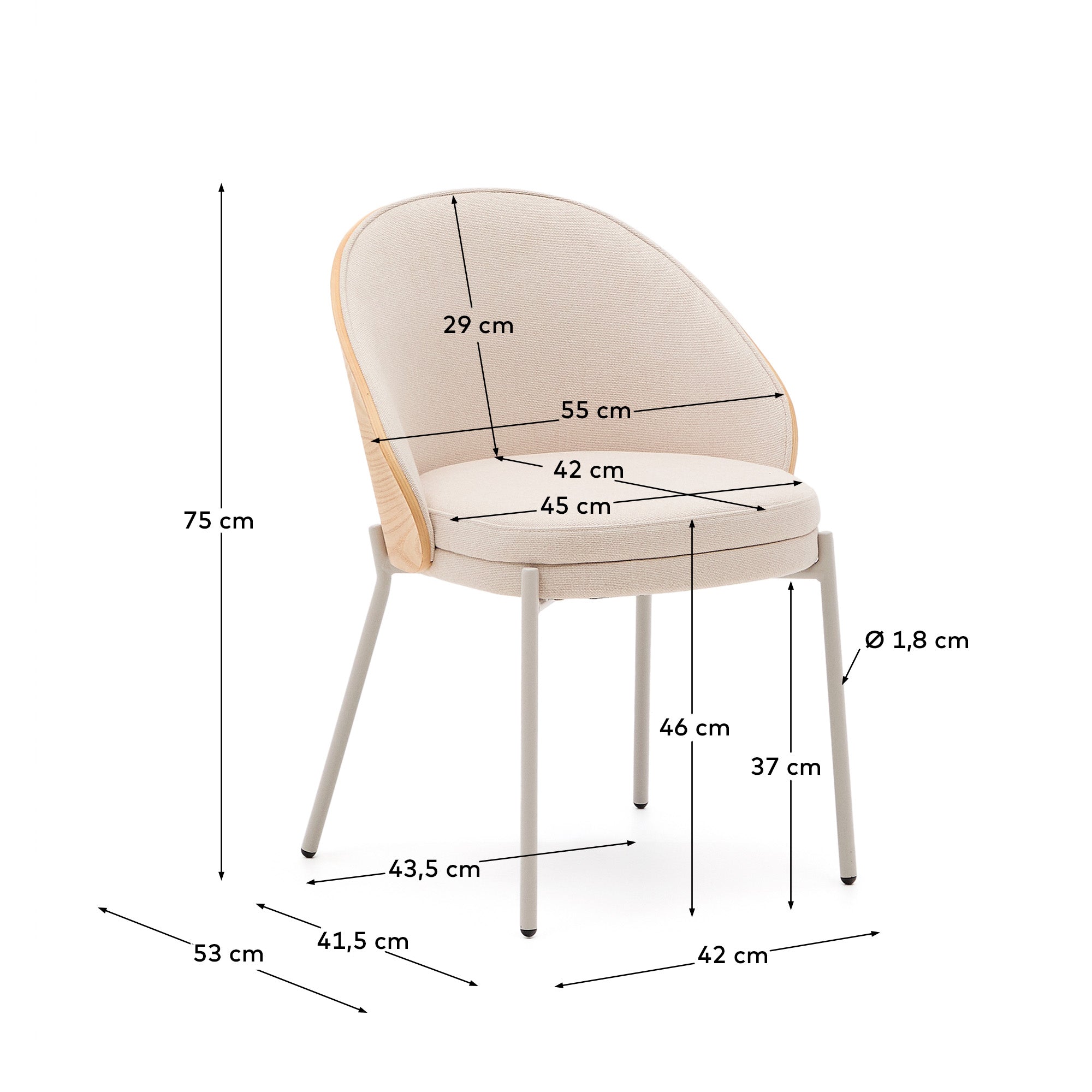 Eamy chair in beige chenille, in a natural finish ash veneer and beige metal - Measurements