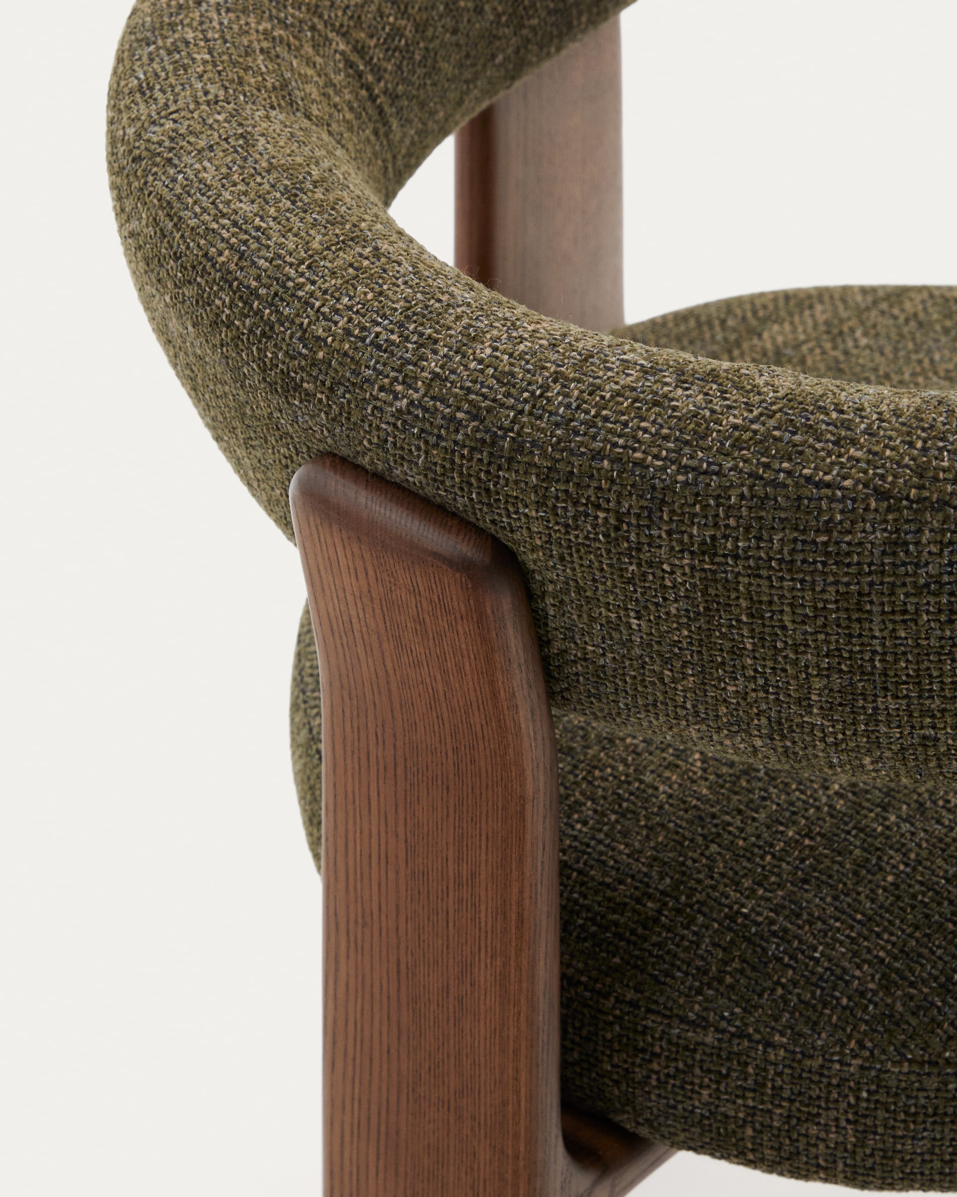 Granite three-legged chair with green upholstery and solid ash wood with walnut finish, FSC 100%