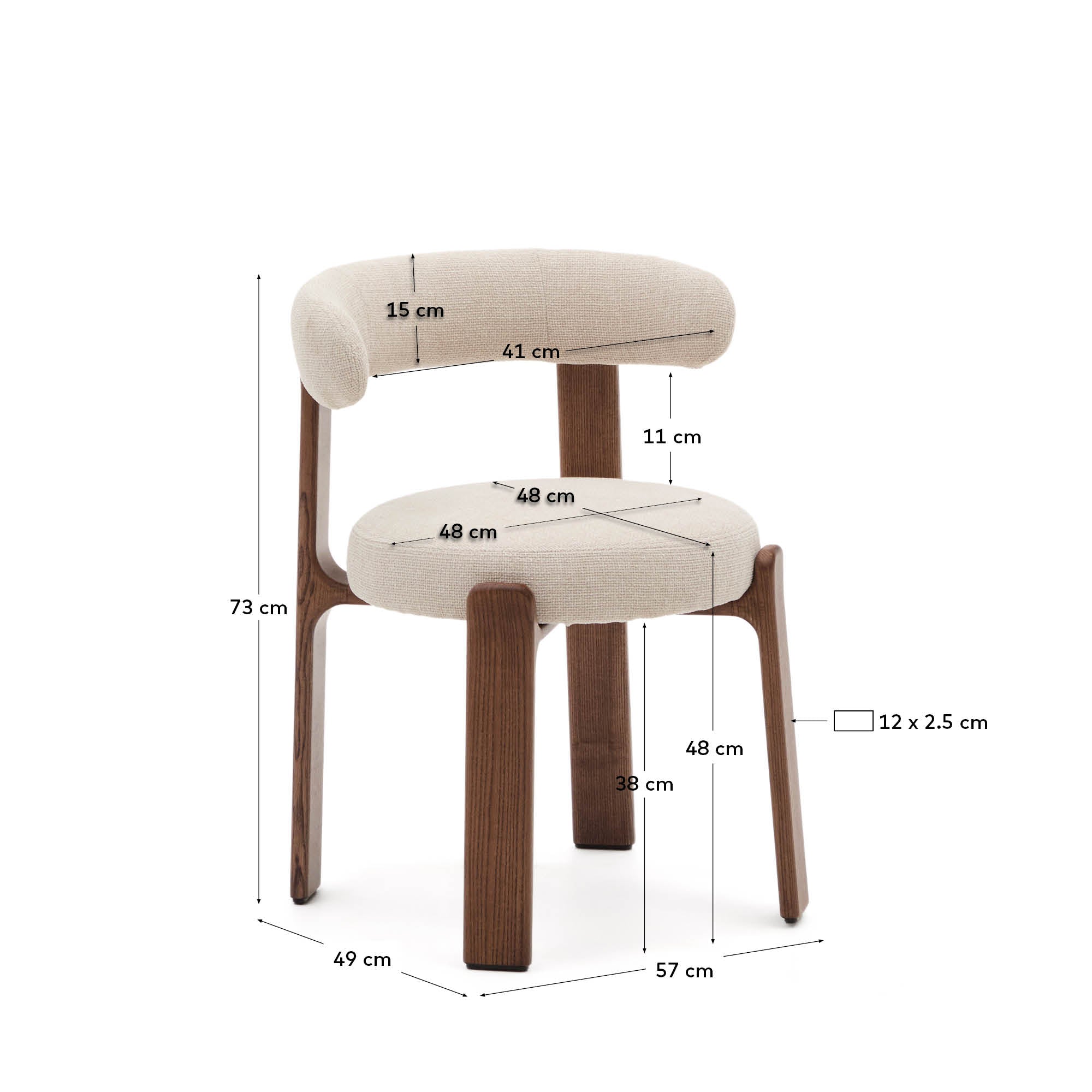Granite fire-retardant chair in beige chenille and solid ash wood with walnut-coloured finish FSC 100% - Measurements