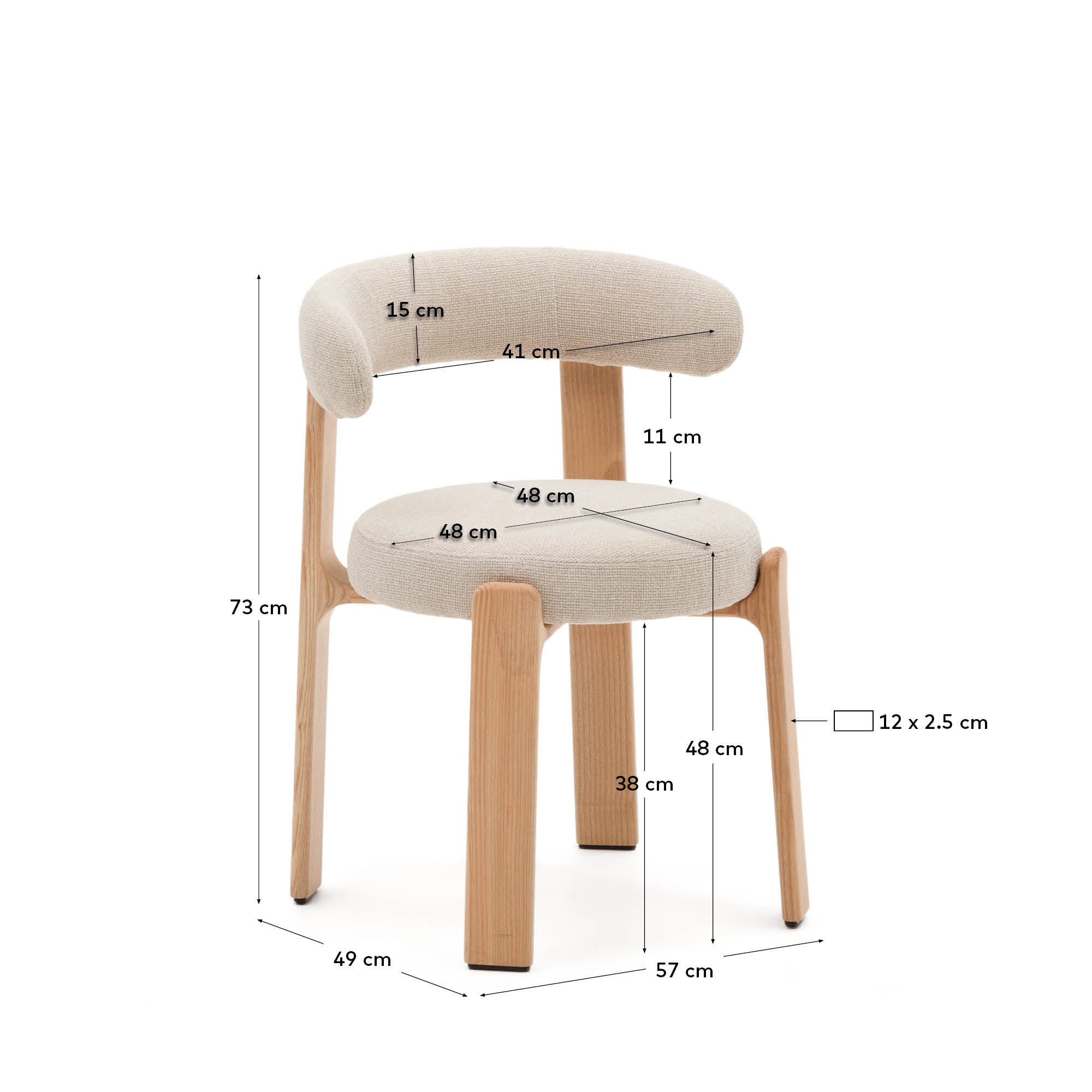 Granite fire-retardant chair in beige chenille and solid ash wood with natural-coloured finish FSC 100% - Measurements