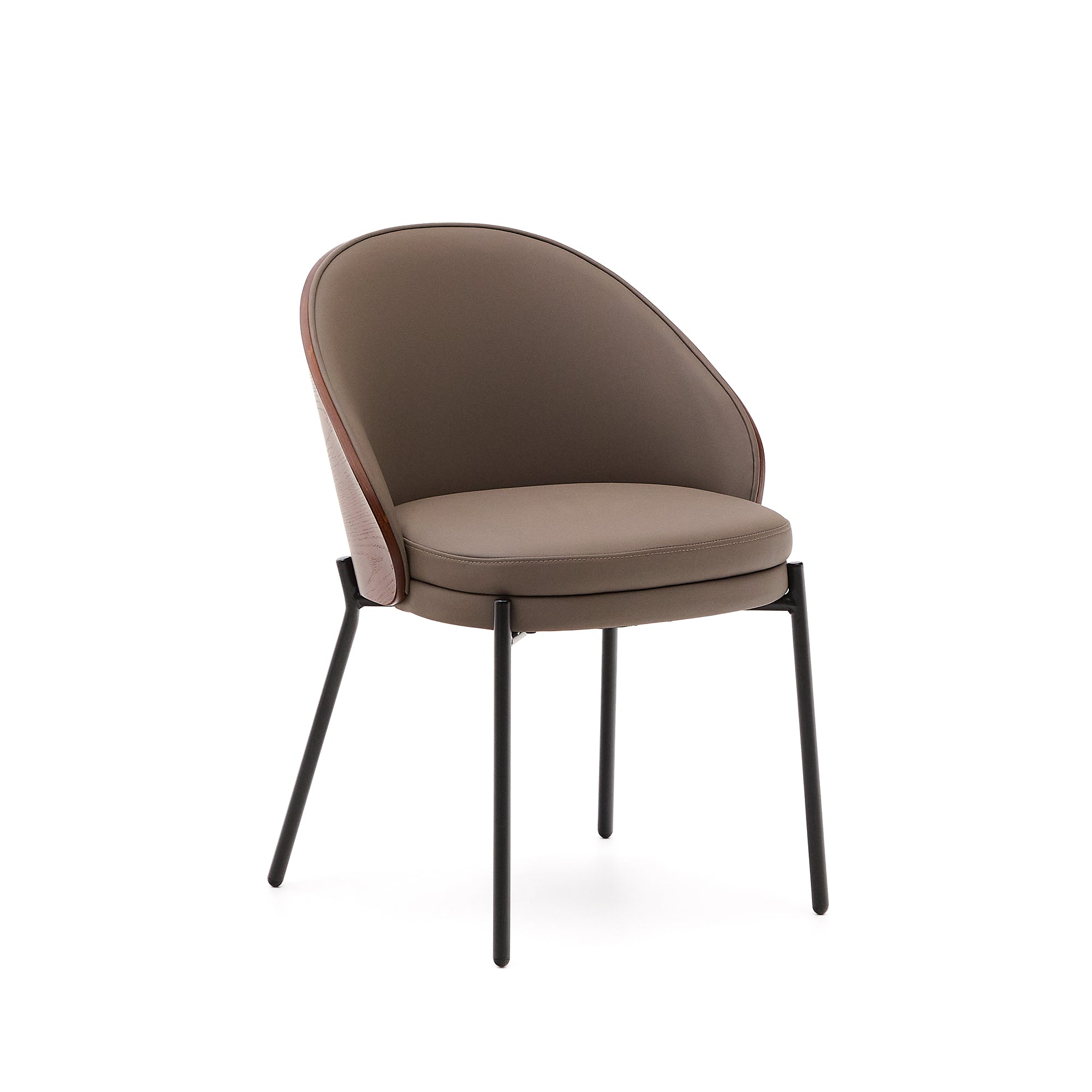 Eamy chair in brown faux leather, ash veneer with walnut and black metal finish - Product Image