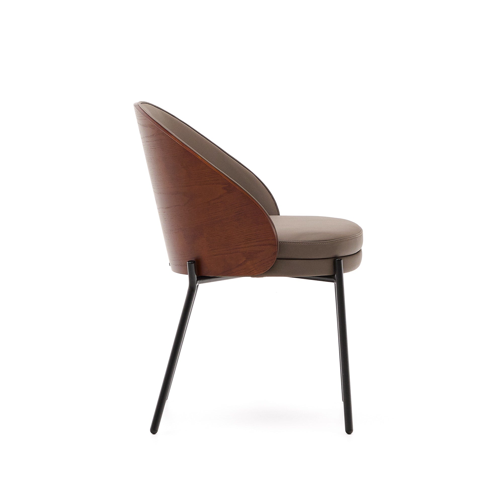 Eamy chair in brown faux leather, ash veneer with walnut and black metal finish