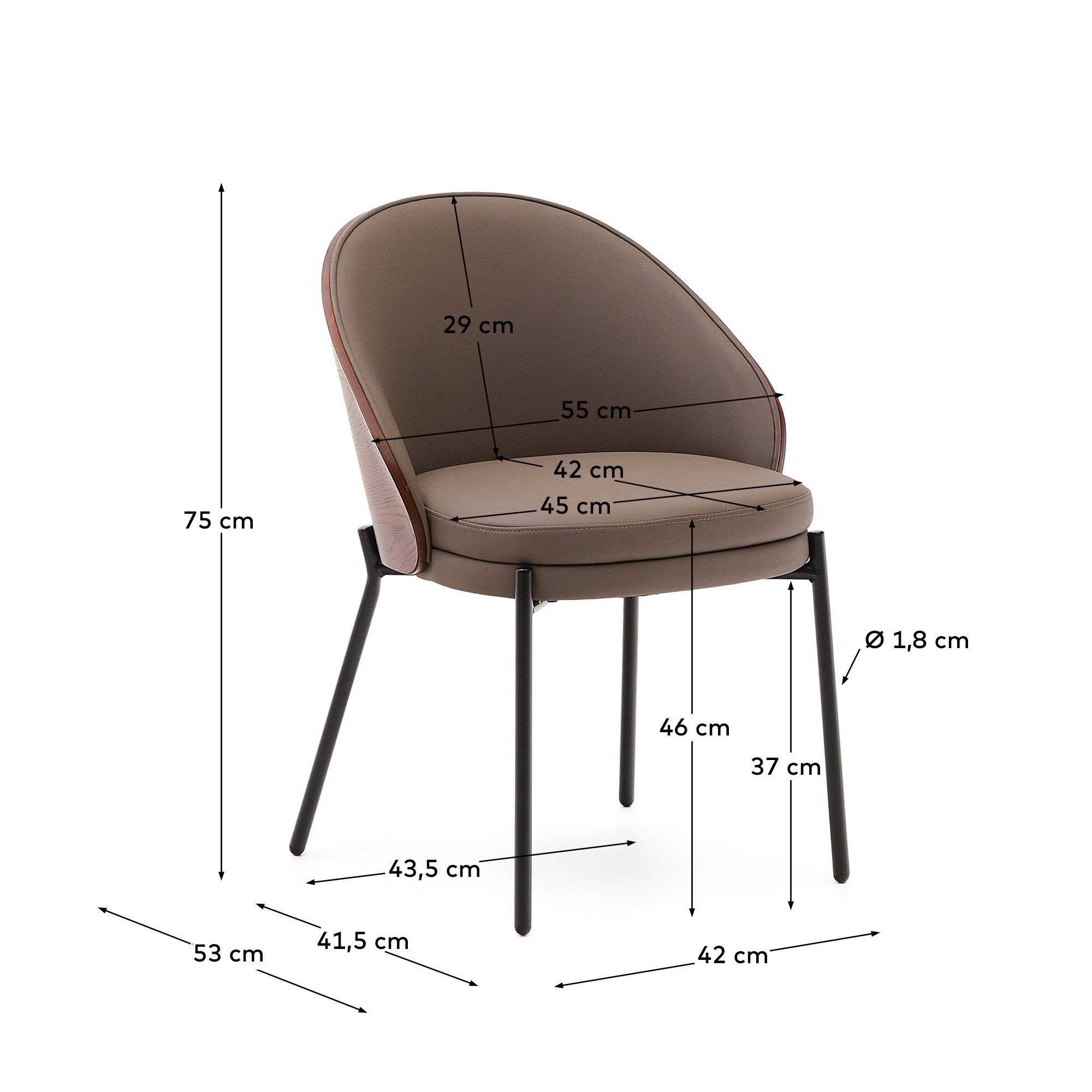 Eamy chair in brown faux leather, ash veneer with walnut and black metal finish - Measurements