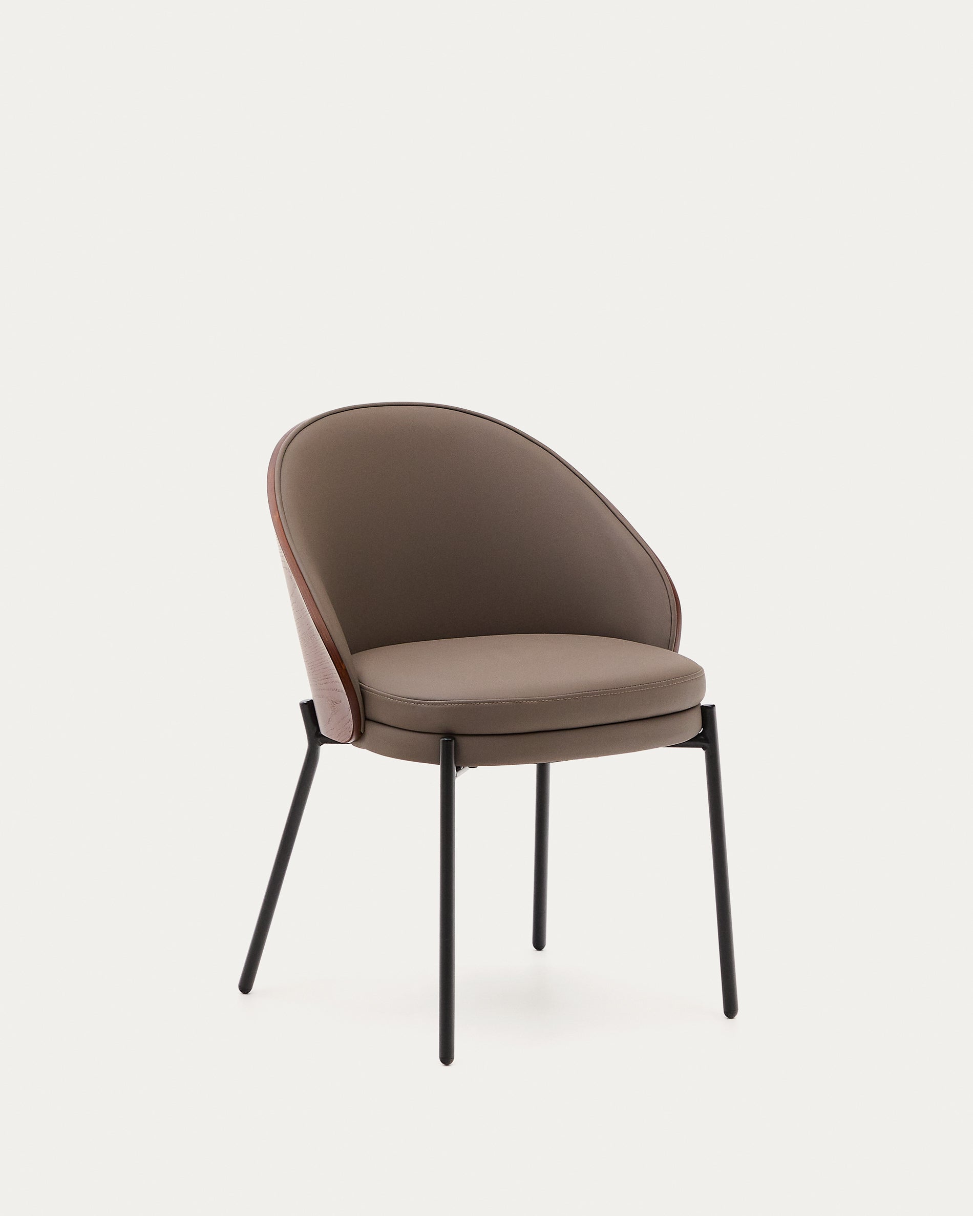 Eamy chair in brown faux leather, ash veneer with walnut and black metal finish - Product View