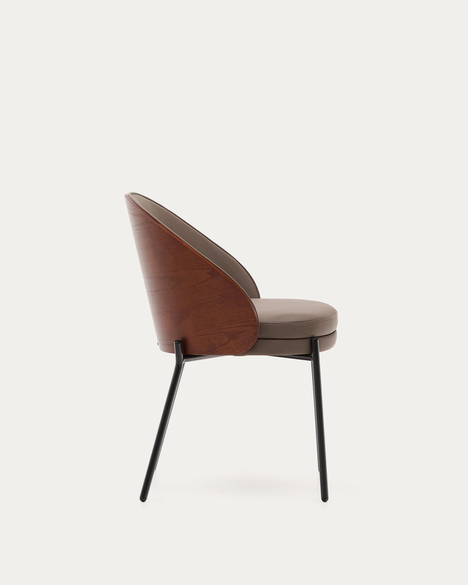 Eamy chair in brown faux leather, ash veneer with walnut and black metal finish - Product View