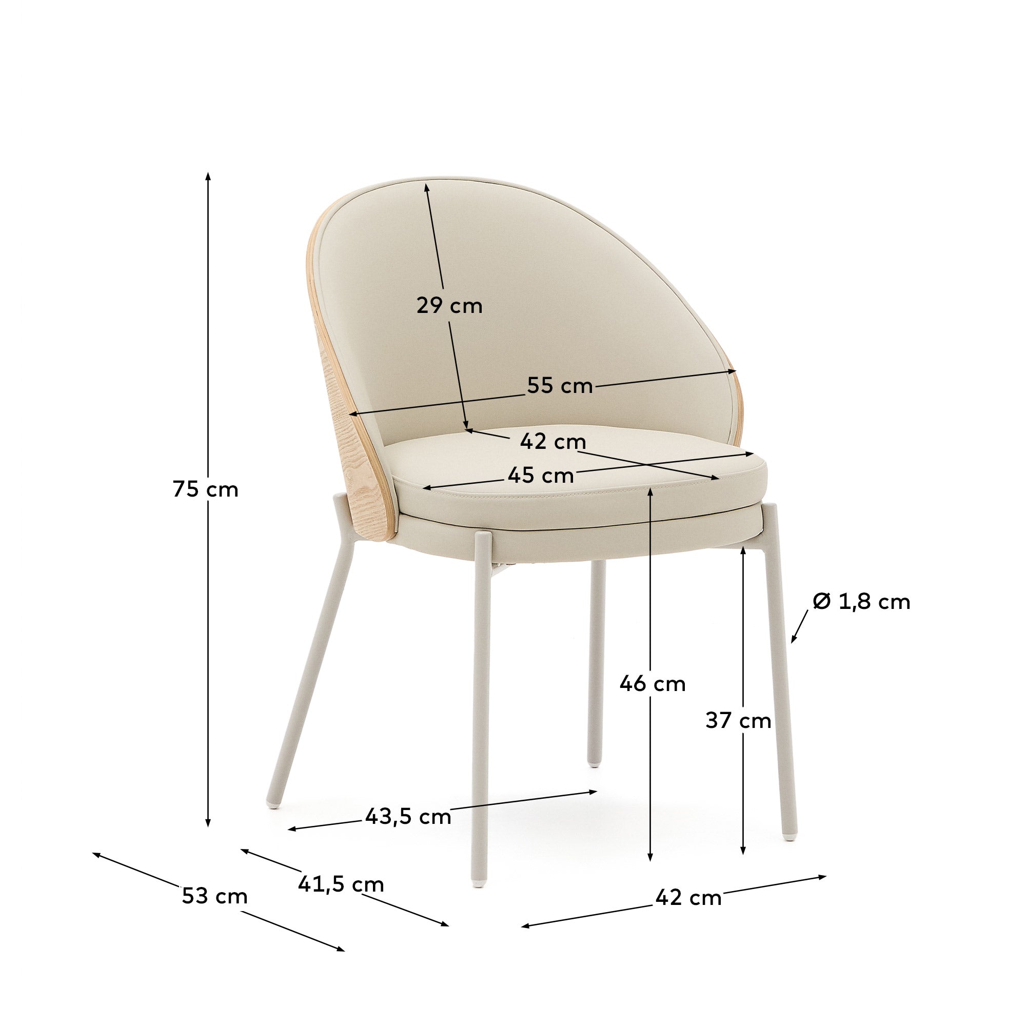 Eamy beige faux leather chair, ash veneer with natural finish and beige metal - Measurements