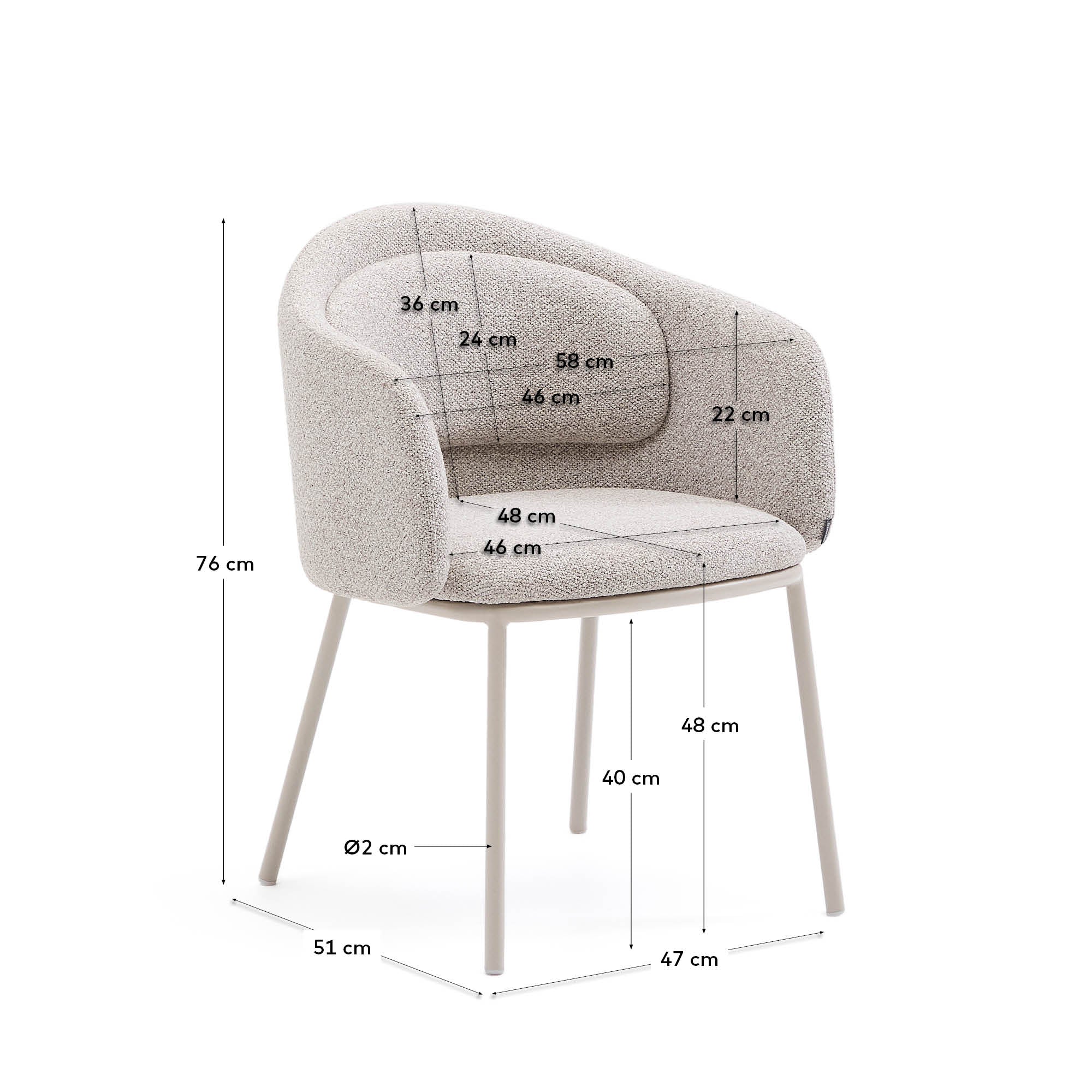 Idaira chair in thick beige chenille and steel legs in a beige finish, FSC Mix Credit - Measurements