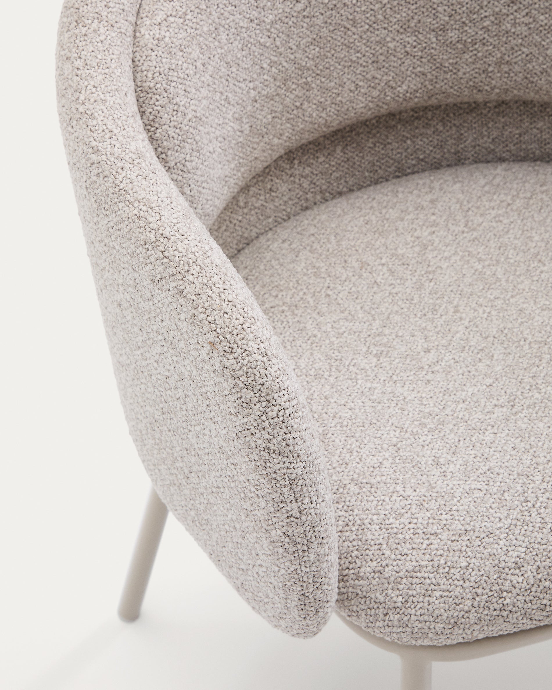 Idaira chair in thick beige chenille and steel legs in a beige finish, FSC Mix Credit - Detail