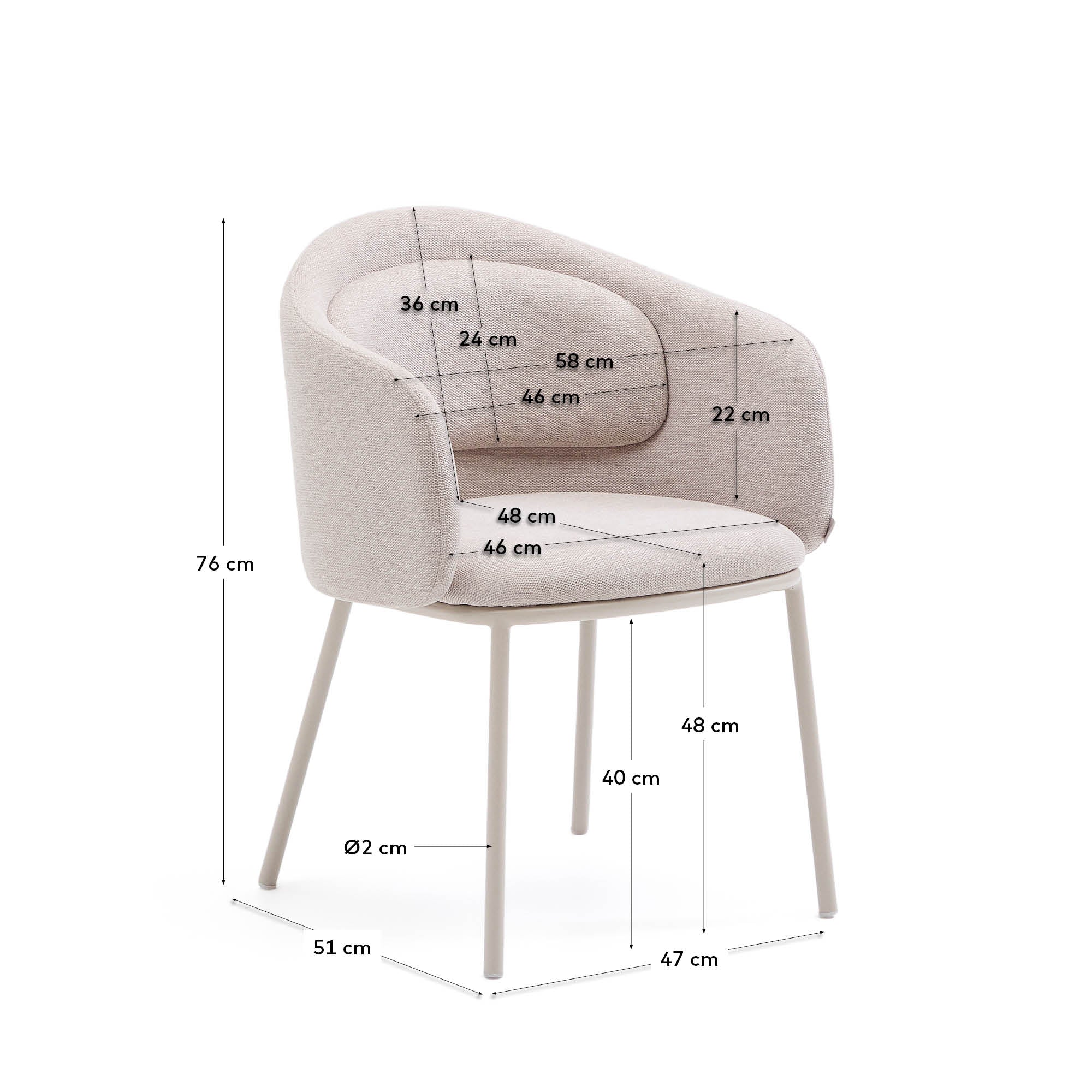 Idaira chair in beige and steel legs in a beige finish, FSC Mix Credit - Measurements