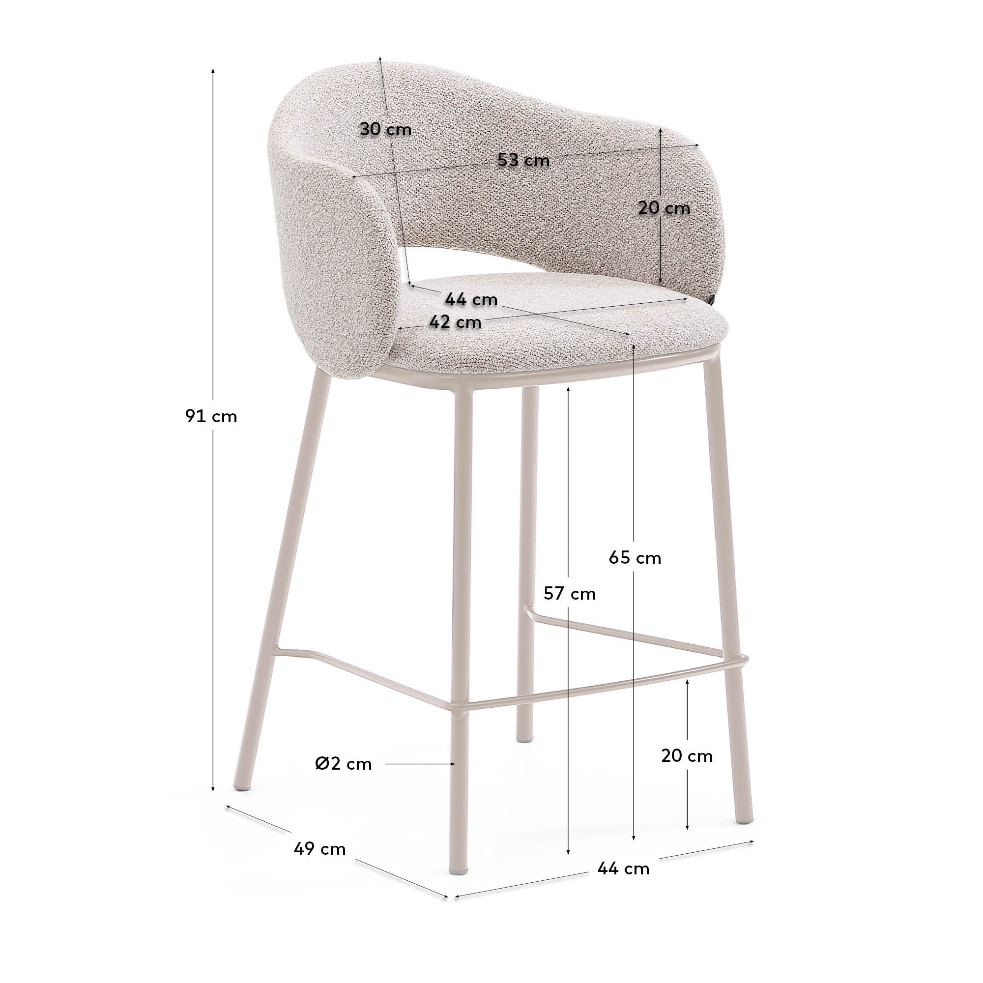 Maina stool in thick beige chenille and steel legs in a beige finish, FSC Mix Credit, 65 cm - Measurements