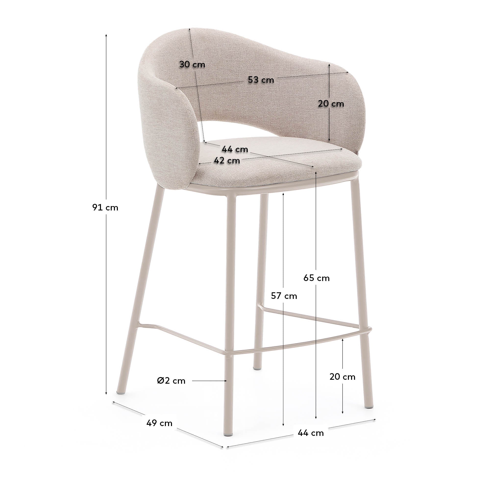 Maina stool in beige chenille and steel legs in a beige finish, FSC Mix Credit, 65 cm - Measurements