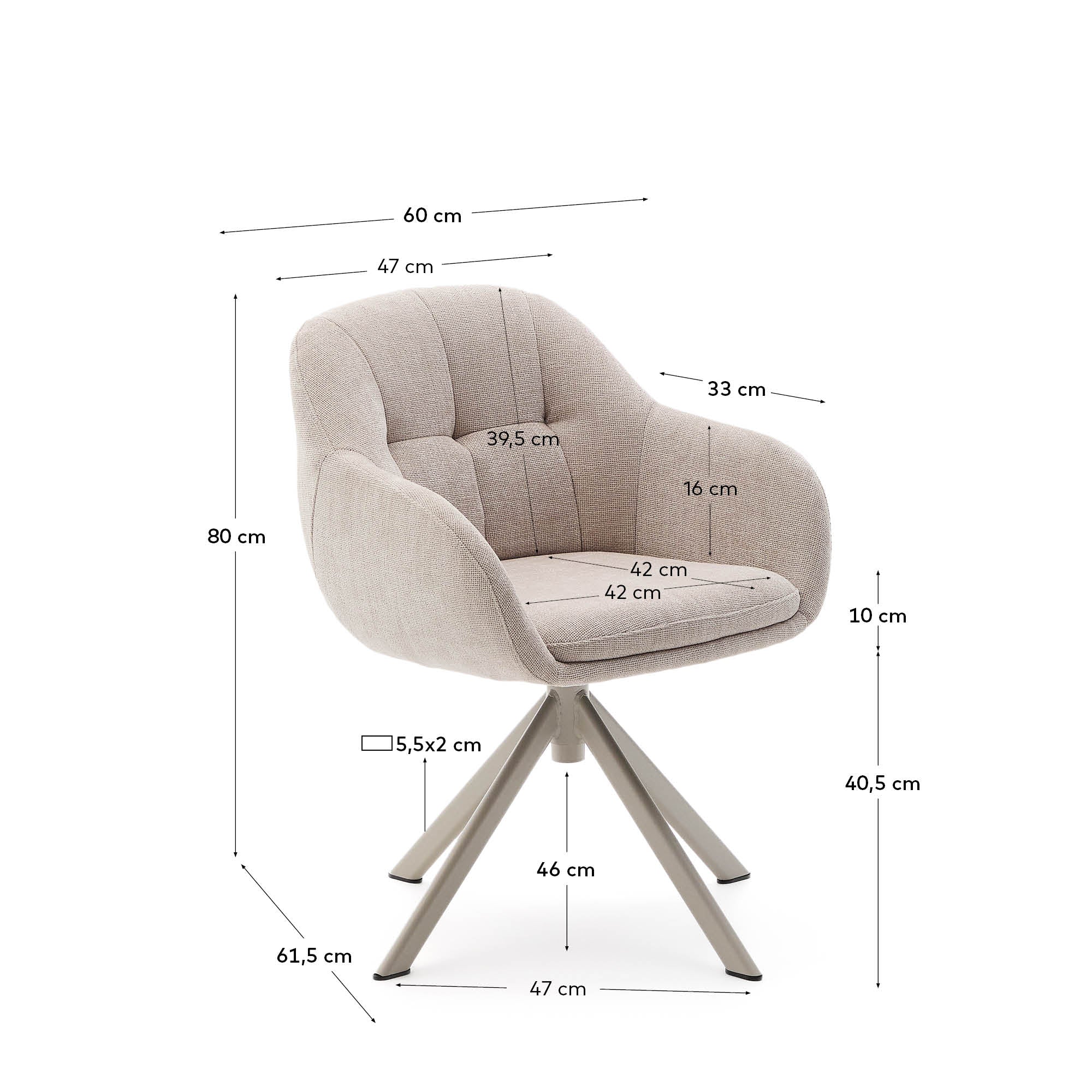 Dorina swivel chair in beige chenille and steel legs in a beige finish - Measurements