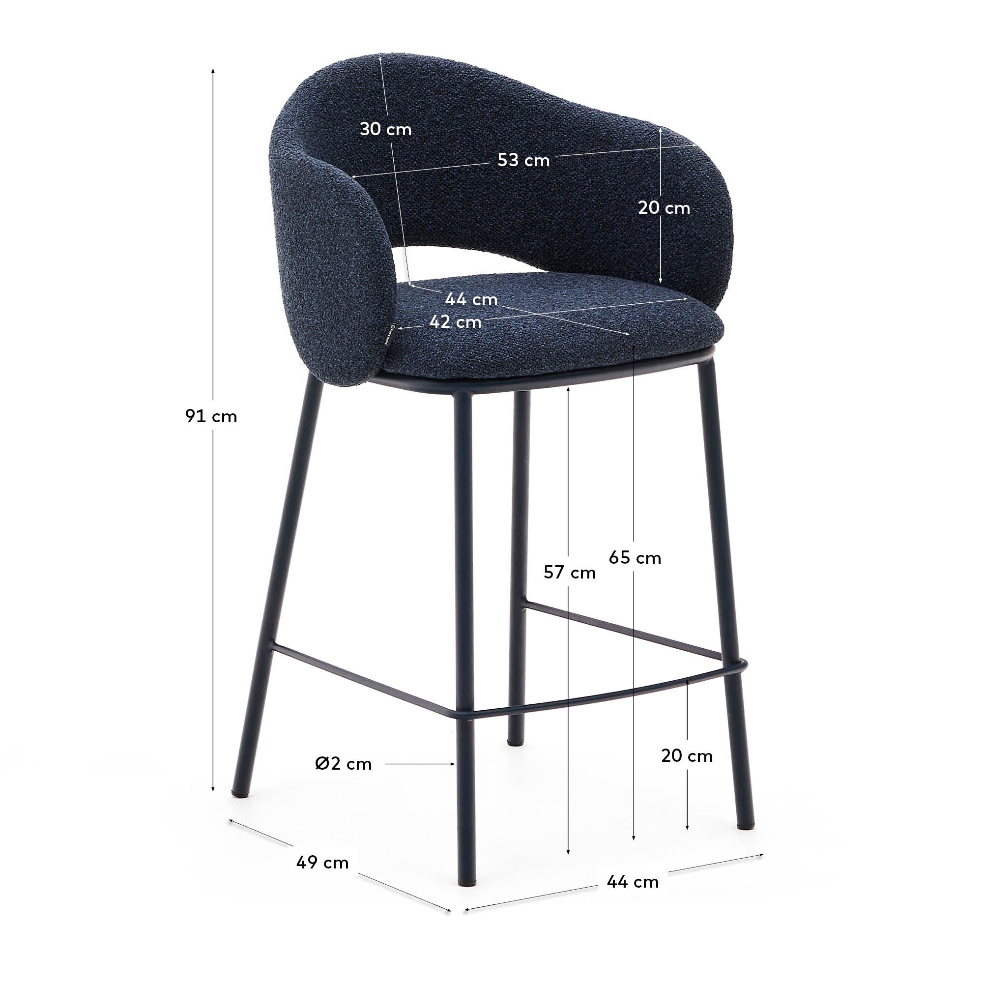Maina stool in blue chenille and steel legs with blue finish FSC Mix Credit 65 cm - Measurements