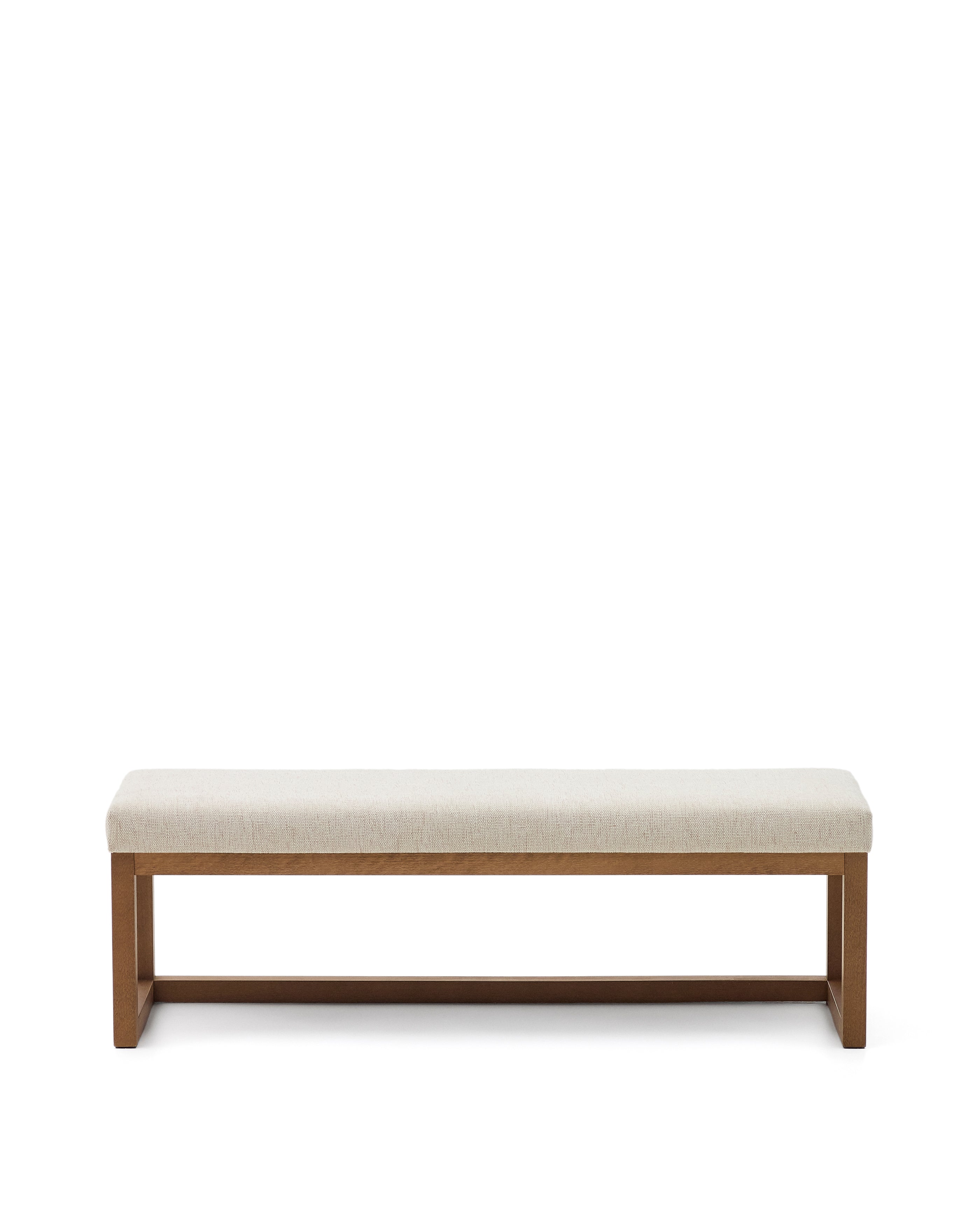 Loya bench in beige chenille and beech wood with walnut-coloured finish 128cm - Product Image