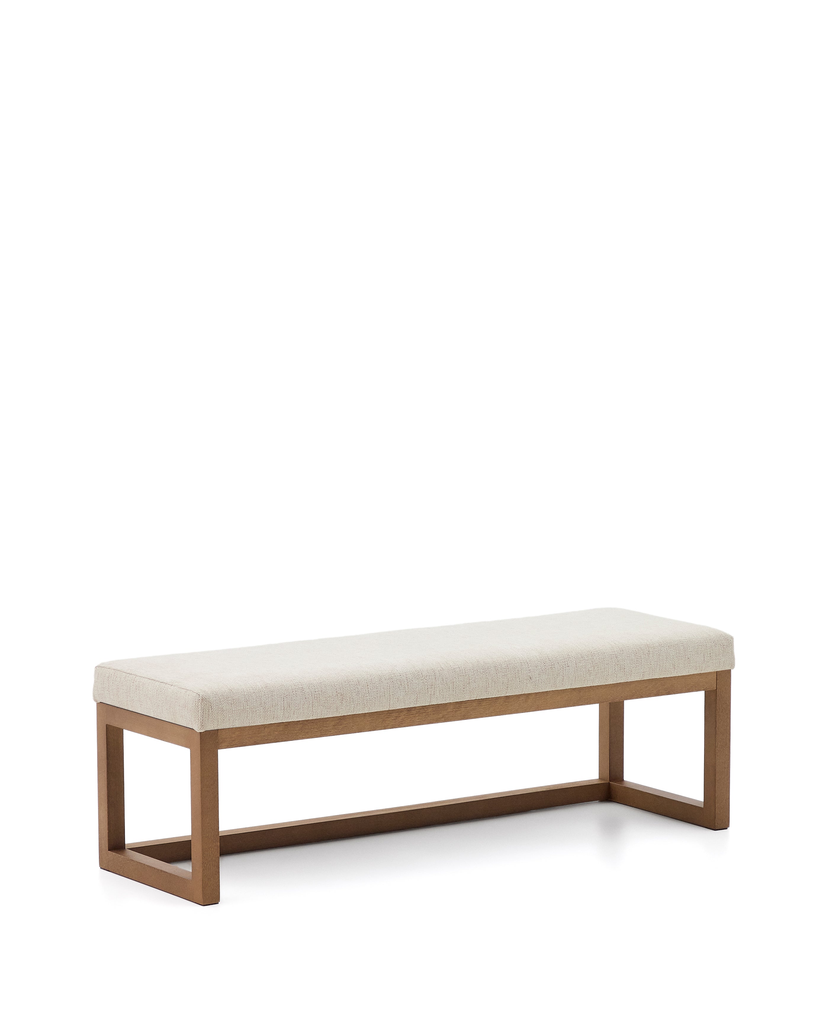 Loya bench in beige chenille and beech wood with walnut-coloured finish 128cm - Product Image