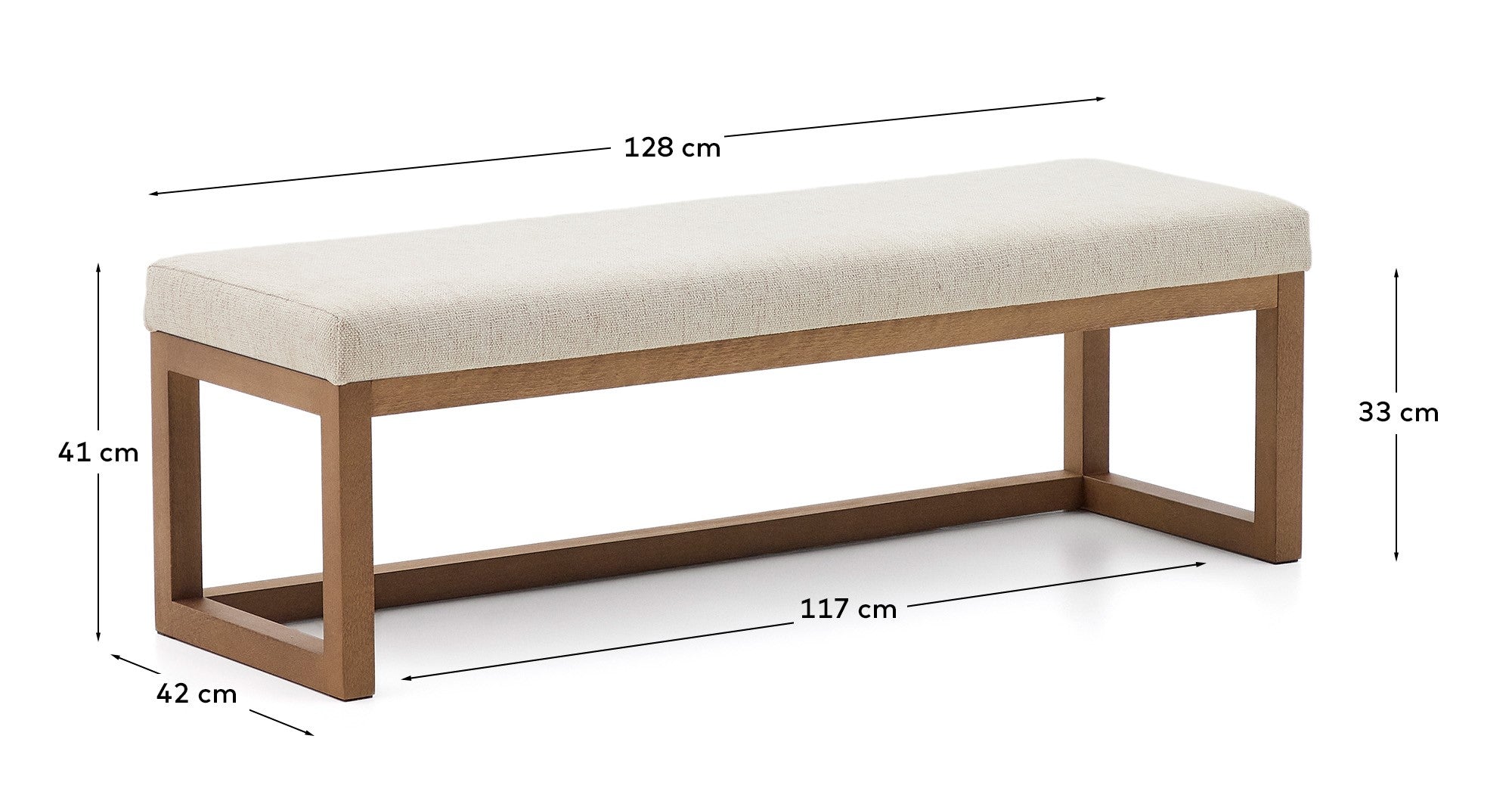 Loya bench in beige chenille and beech wood with walnut-coloured finish 128cm - Measurements