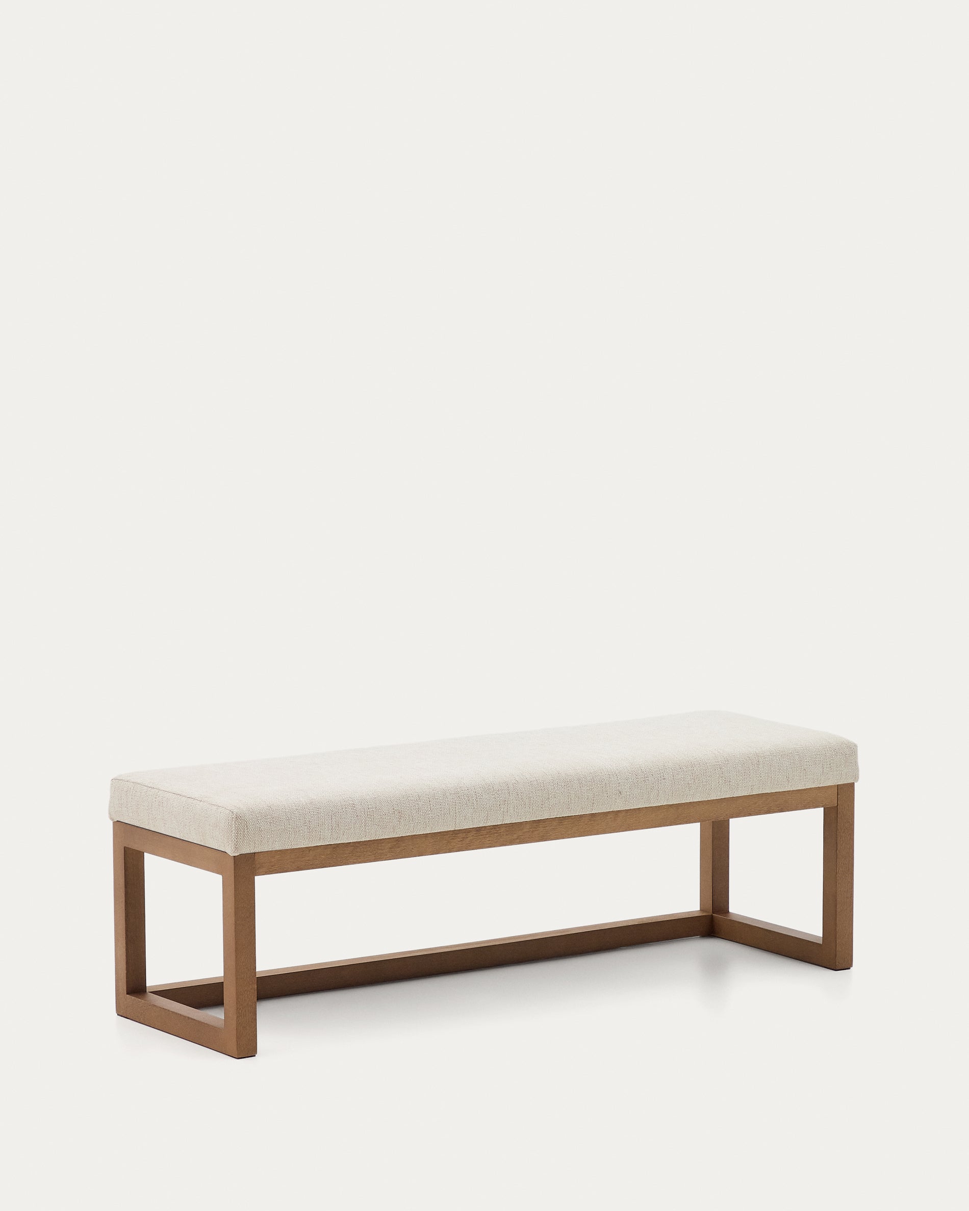 Loya bench in beige chenille and beech wood with walnut-coloured finish 128cm - Product View