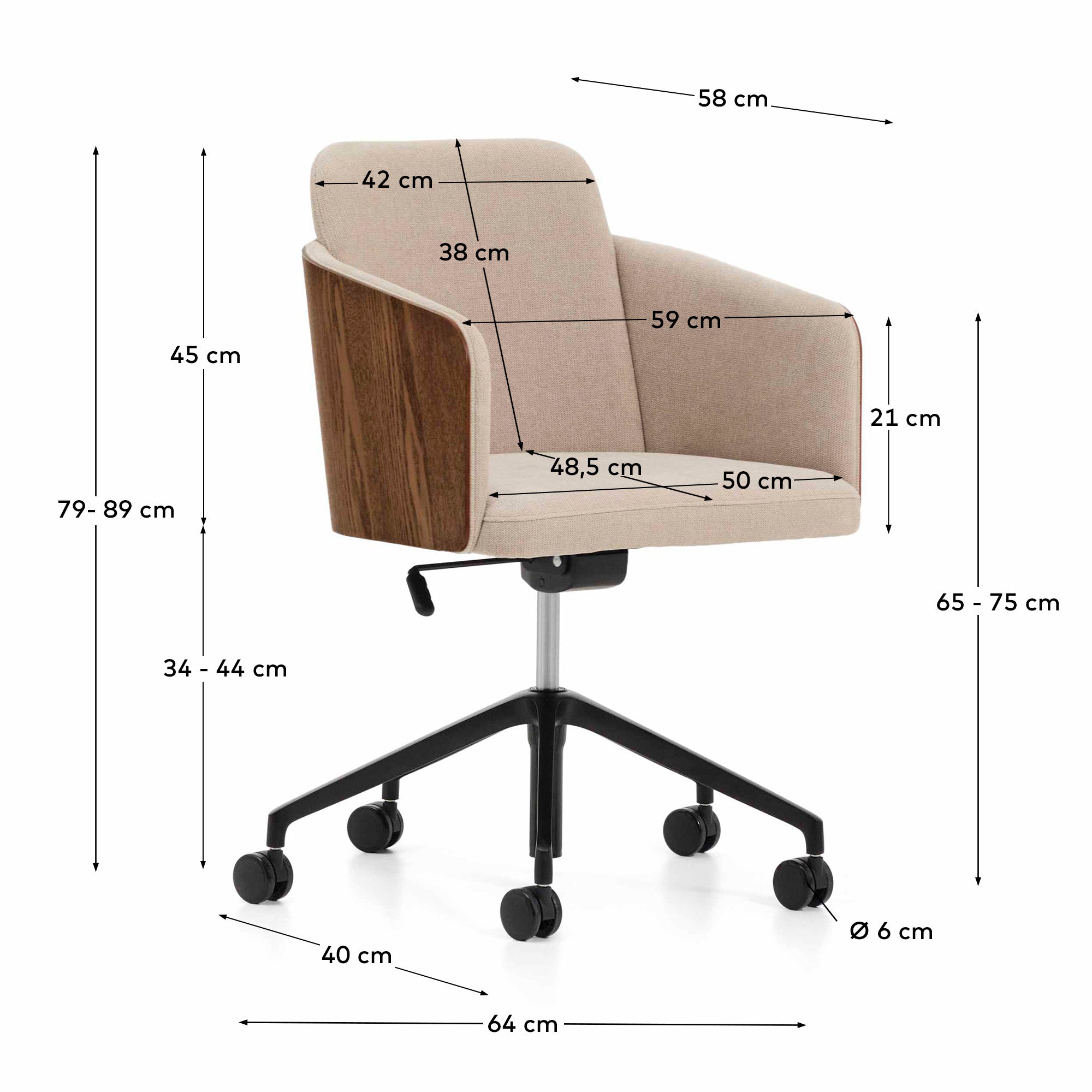 Madai desk chair in brown chenille and ash veneer with walnut finish FSC Mix Credit - Measurements
