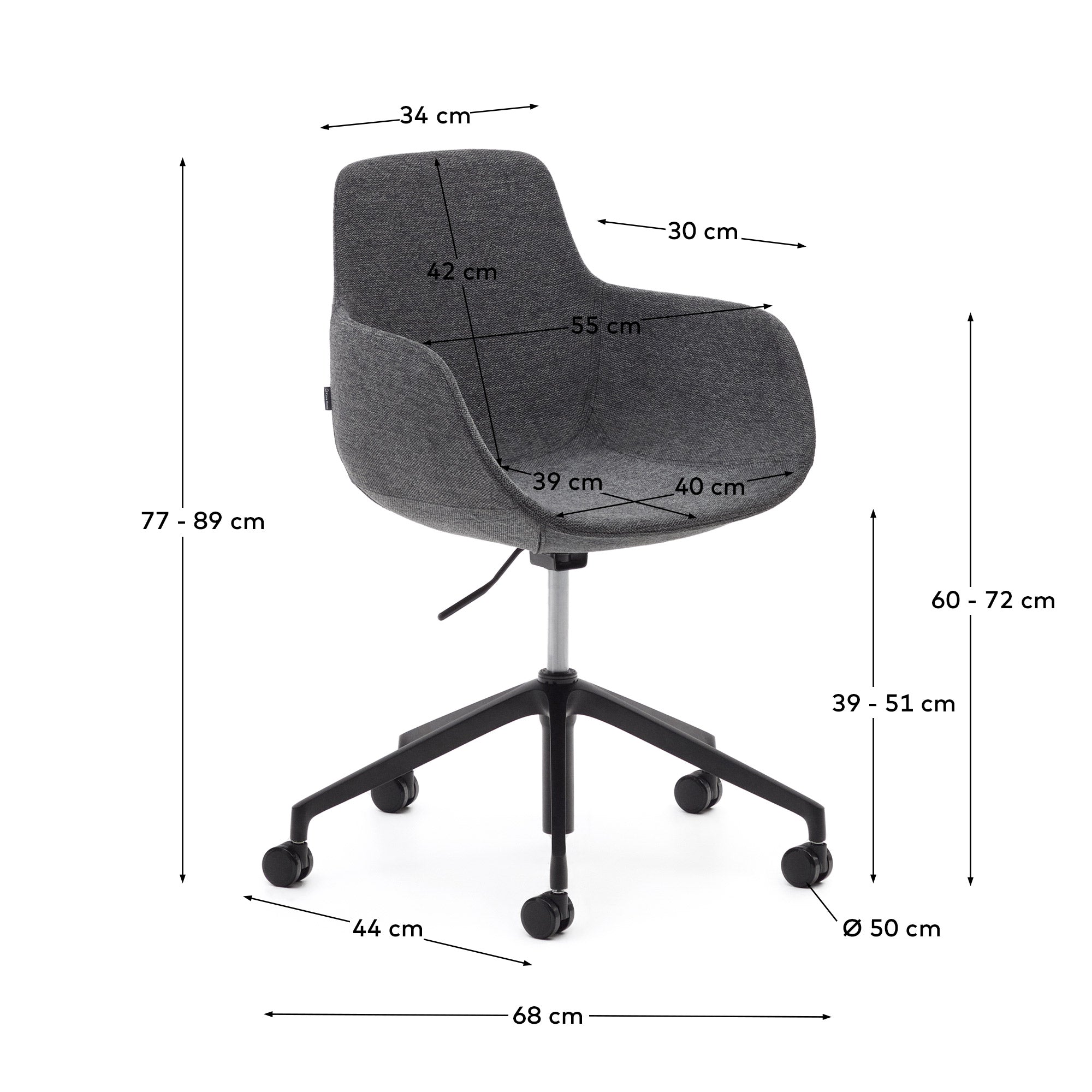 Tissiana dark grey and aluminium desk chair with matt black finish - Measurements